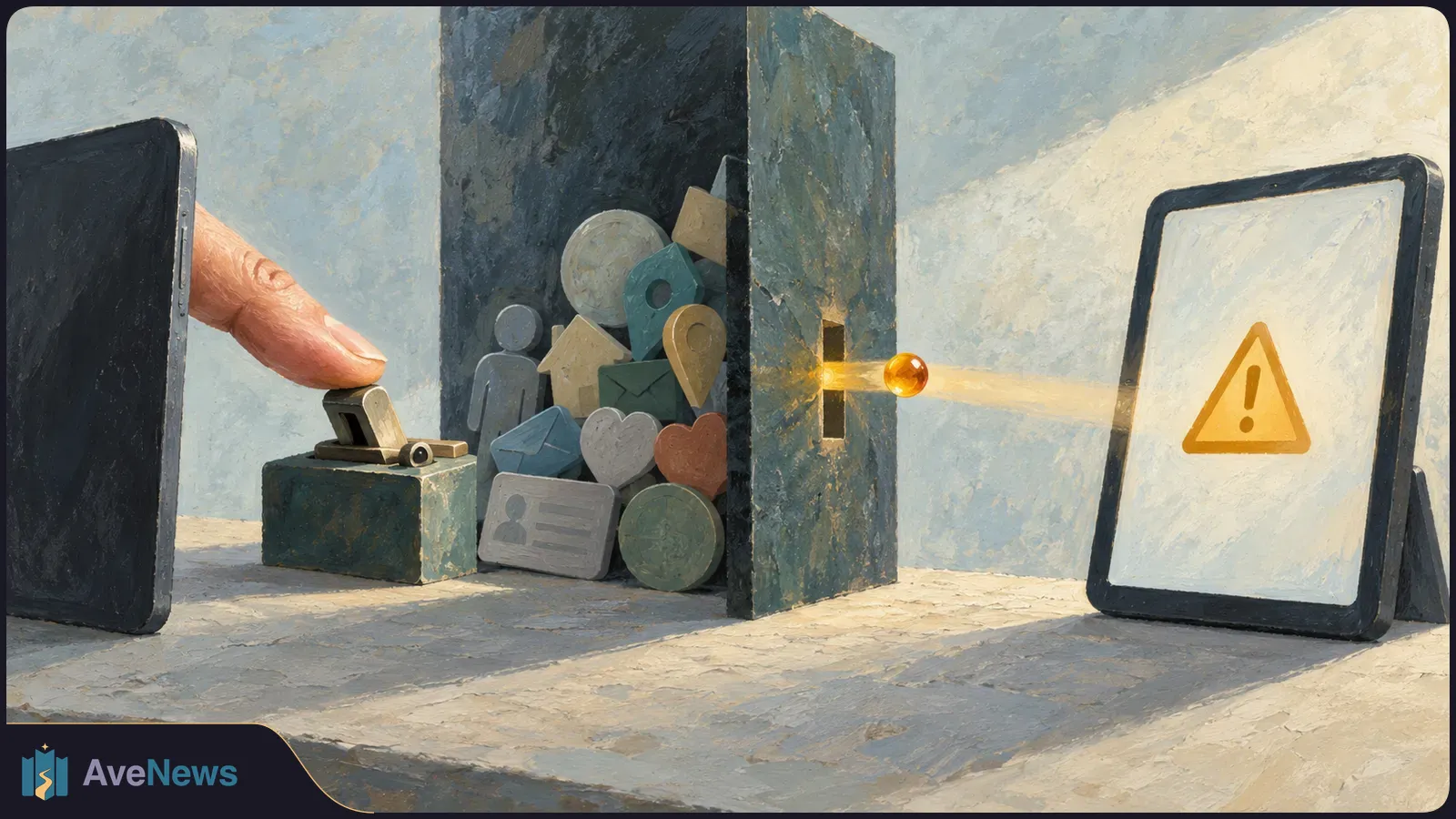 Painted illustration of a finger pressing a switch beside stacked icons. A glowing dot passes through a wall toward a tablet showing a warning triangle. SI illustration
