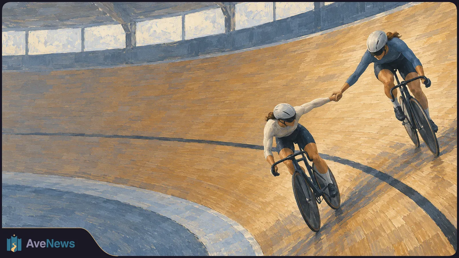 Painted illustration of two helmeted cyclists reaching toward each other while riding on a steeply banked indoor track. SI illustration