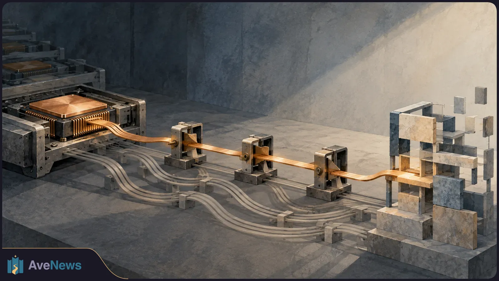 A copper-colored chip in a gray machine connects by a ribbon-like strip through three metal frames to a blocky structure; pale cables run beneath. SI illustration