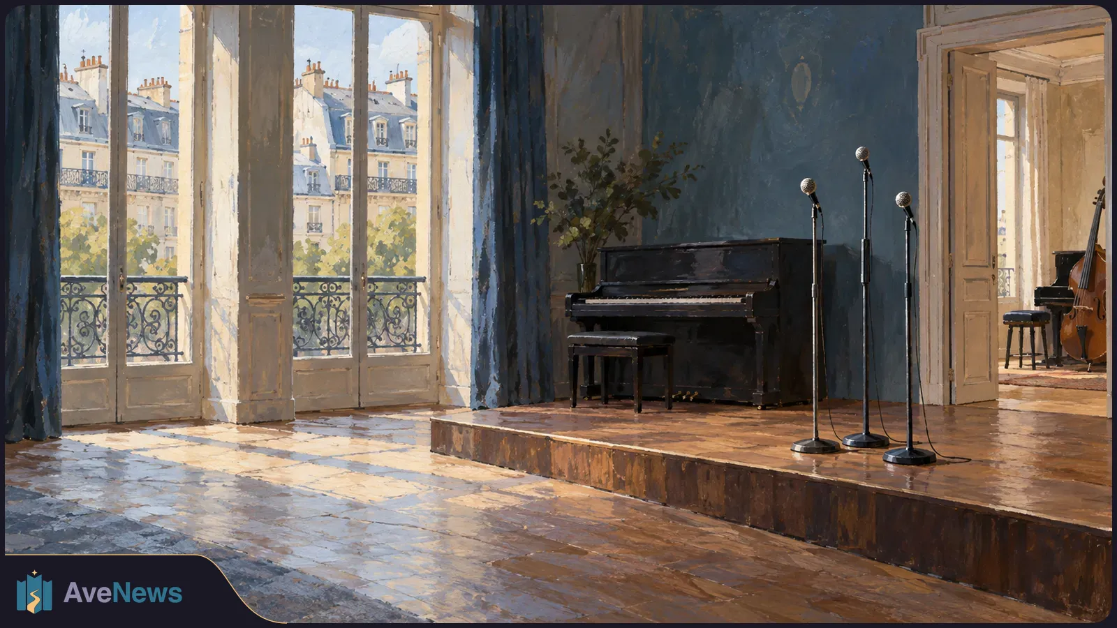 Painted sunlit music room with three microphones on a small stage, an upright piano, and a double bass visible through an open doorway. SI illustration