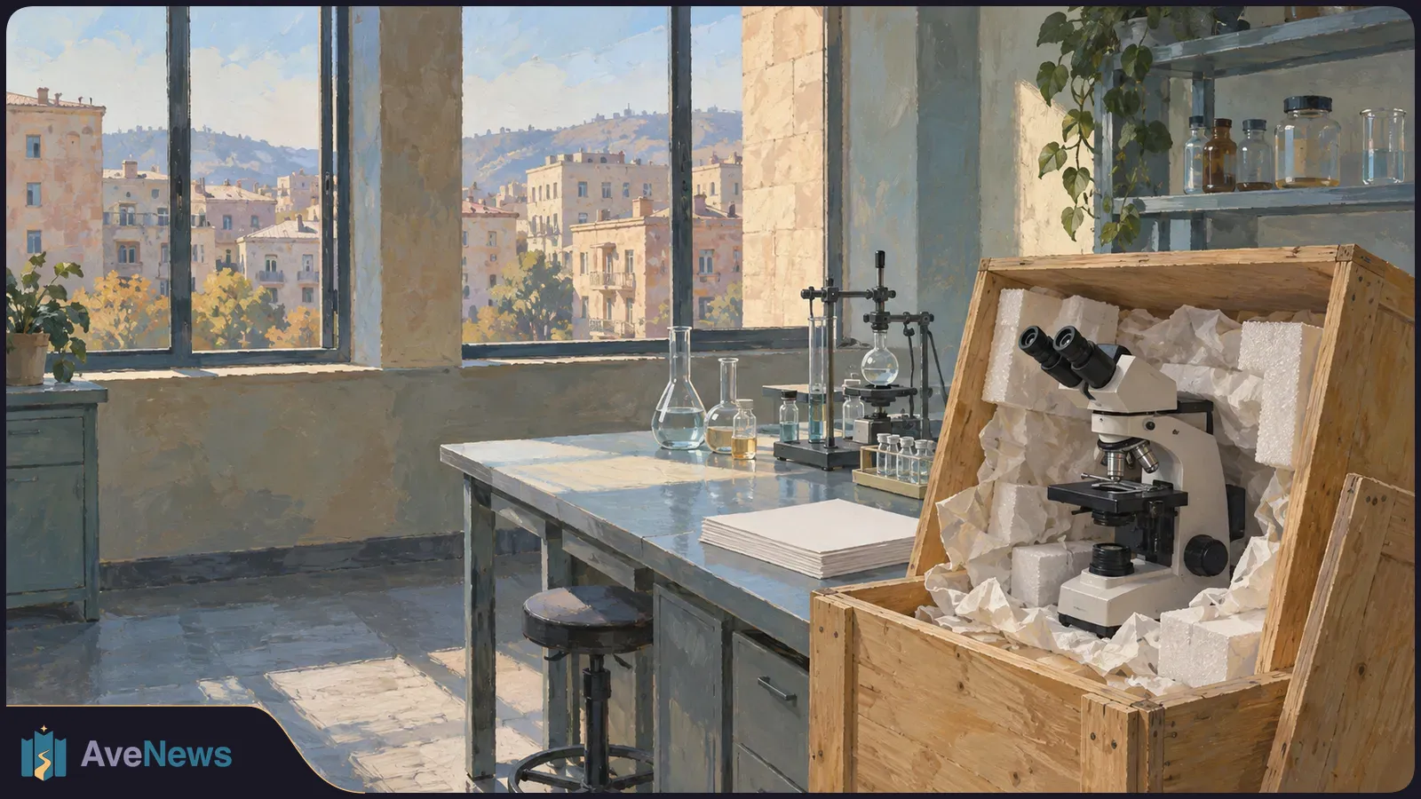 A painted, sunlit laboratory with glassware on a workbench and a microscope packed in an open wooden crate. City buildings are visible through tall windows. SI illustration
