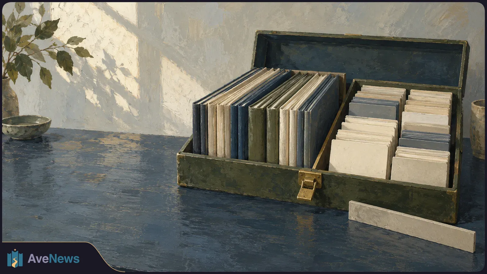 Illustration of an open dark box holding upright folders and rows of blank cards on a blue tabletop, with a leafy branch and bowl at left. SI illustration