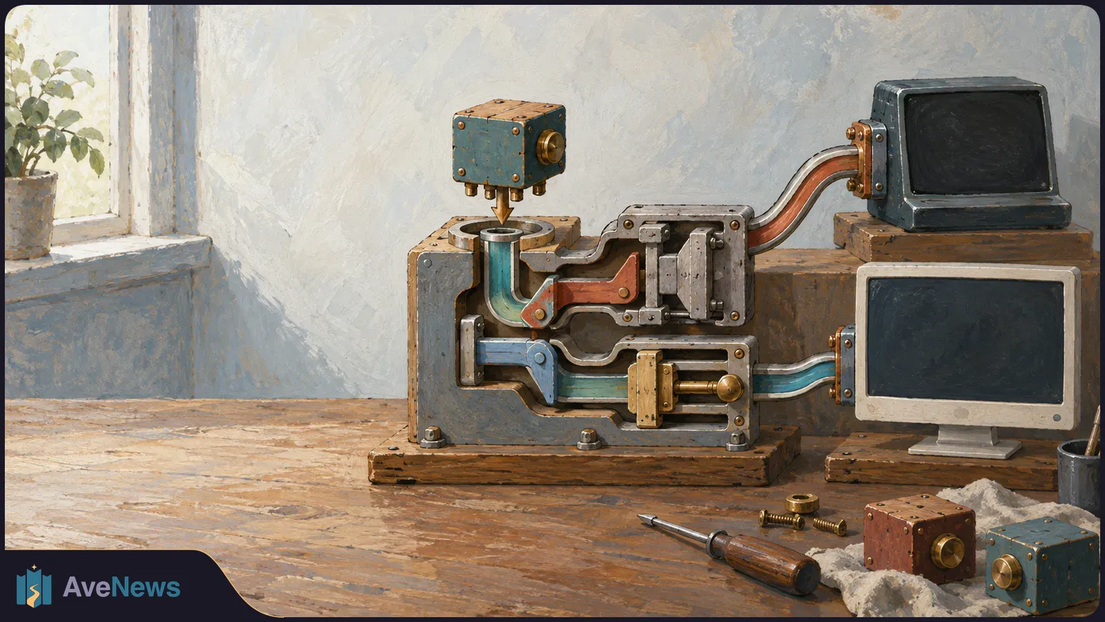 Painted illustration of a modular machine connected to two blank screens, with loose blocks and a screwdriver on the workbench. SI illustration
