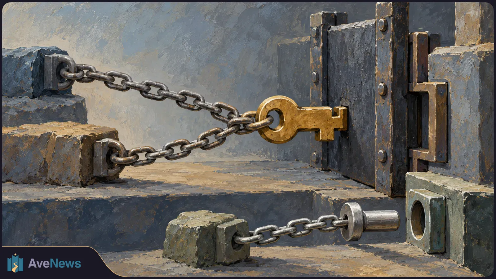Painterly illustration of two chains stretching from stone blocks toward a gold key beside a heavy metal gate; below, another chain leads to a metal plug near a round opening. SI illustration