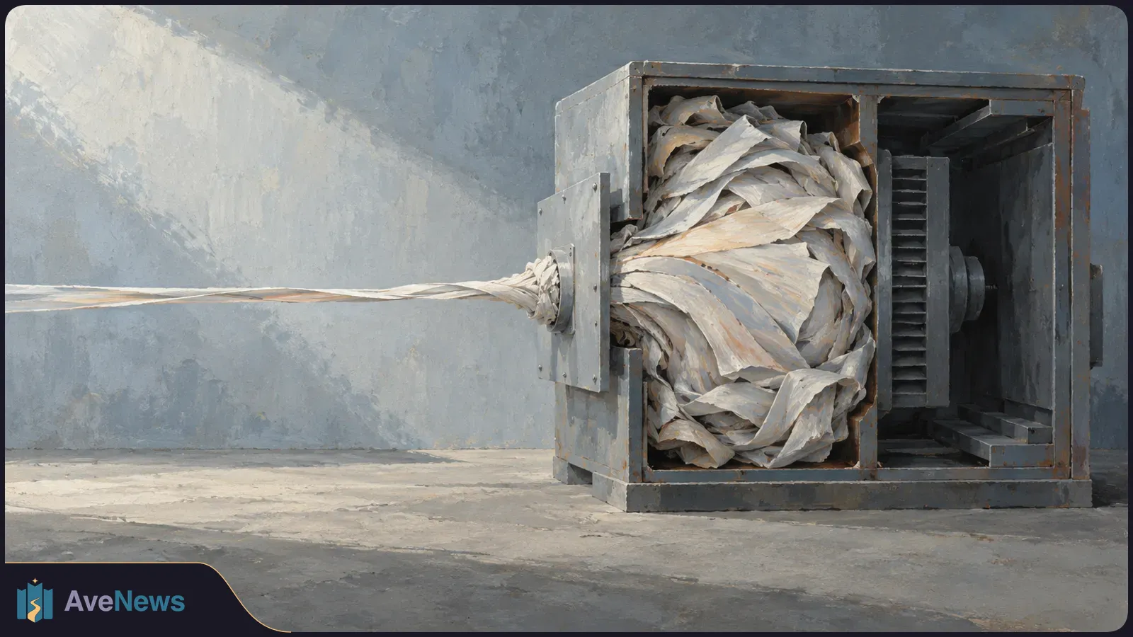 A painted gray machine with an open side holds a tightly wound mass of pale strips. A twisted strip extends from its left side across a bare floor and wall. SI illustration