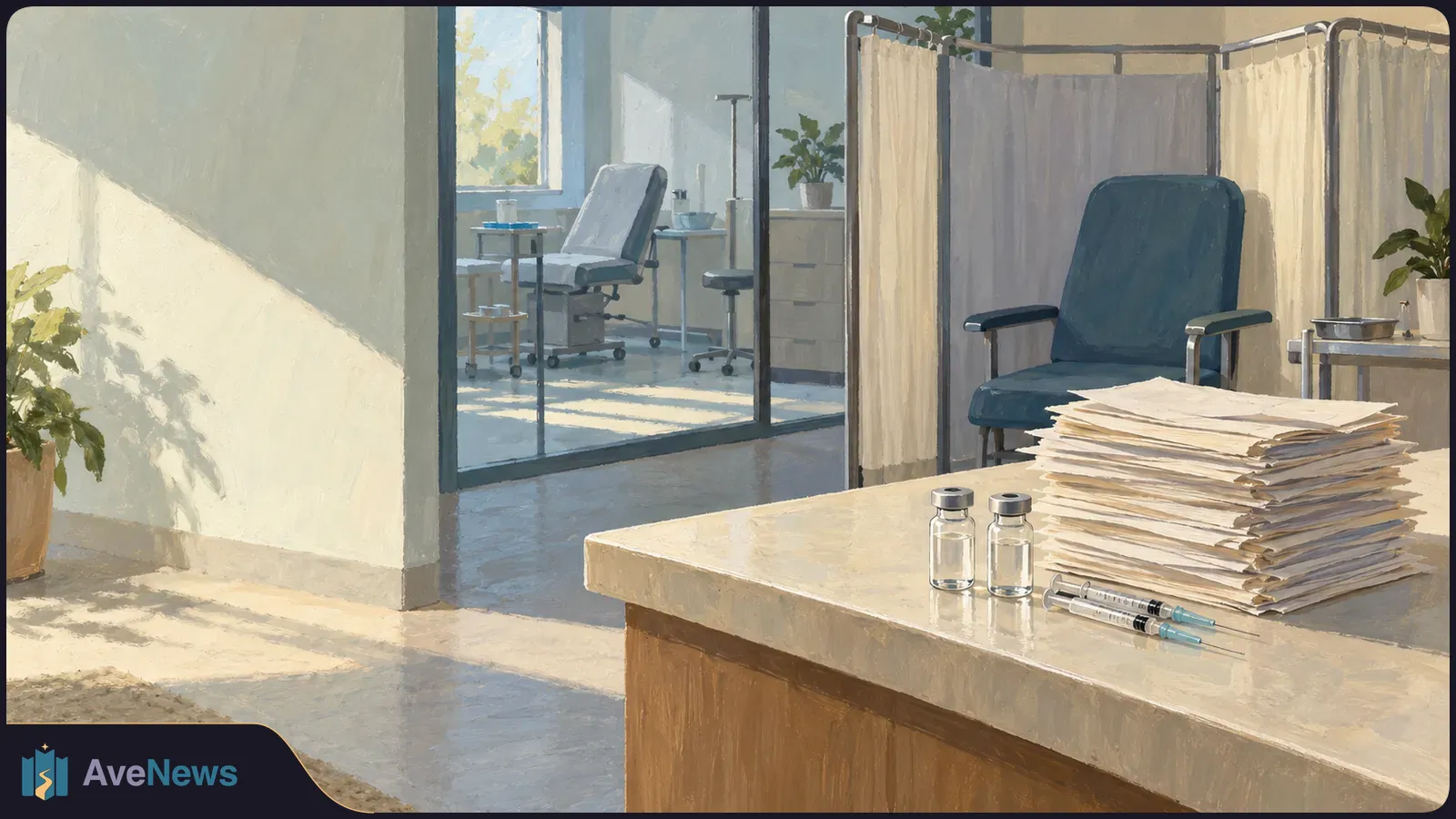 Painted clinic interior with two small vials and syringes beside a stack of papers. An empty chair, privacy screens and an exam bed are visible behind them. SI illustration