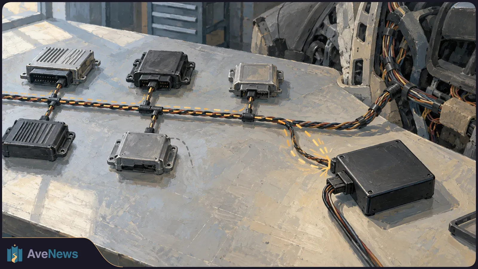 Illustration of six control boxes on a workbench, connected by cables to a vehicle assembly. Yellow dashes highlight a junction in the wiring. SI illustration