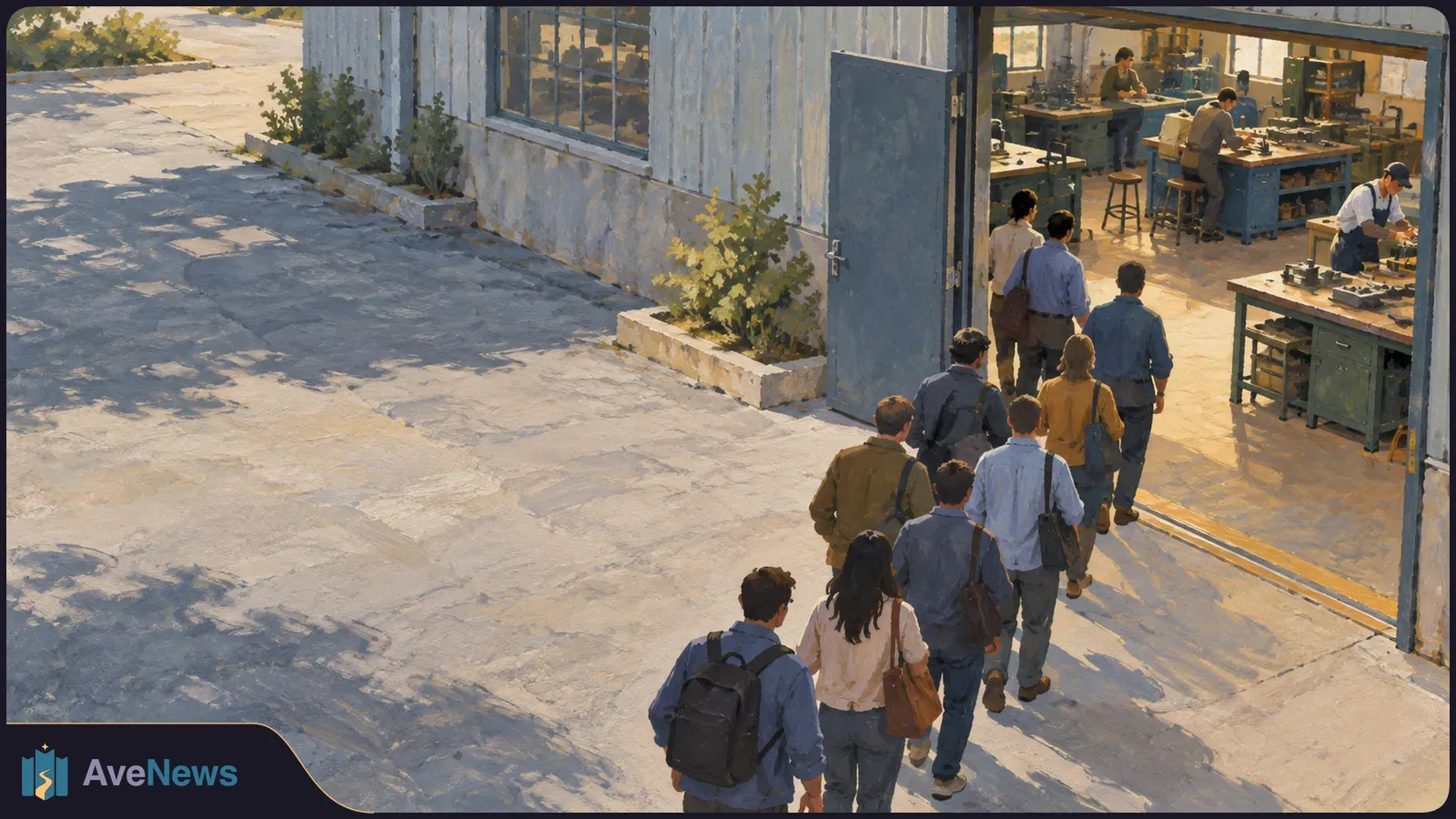 A line of people walks from a sunlit yard into a workshop where others work at benches and machines. SI illustration