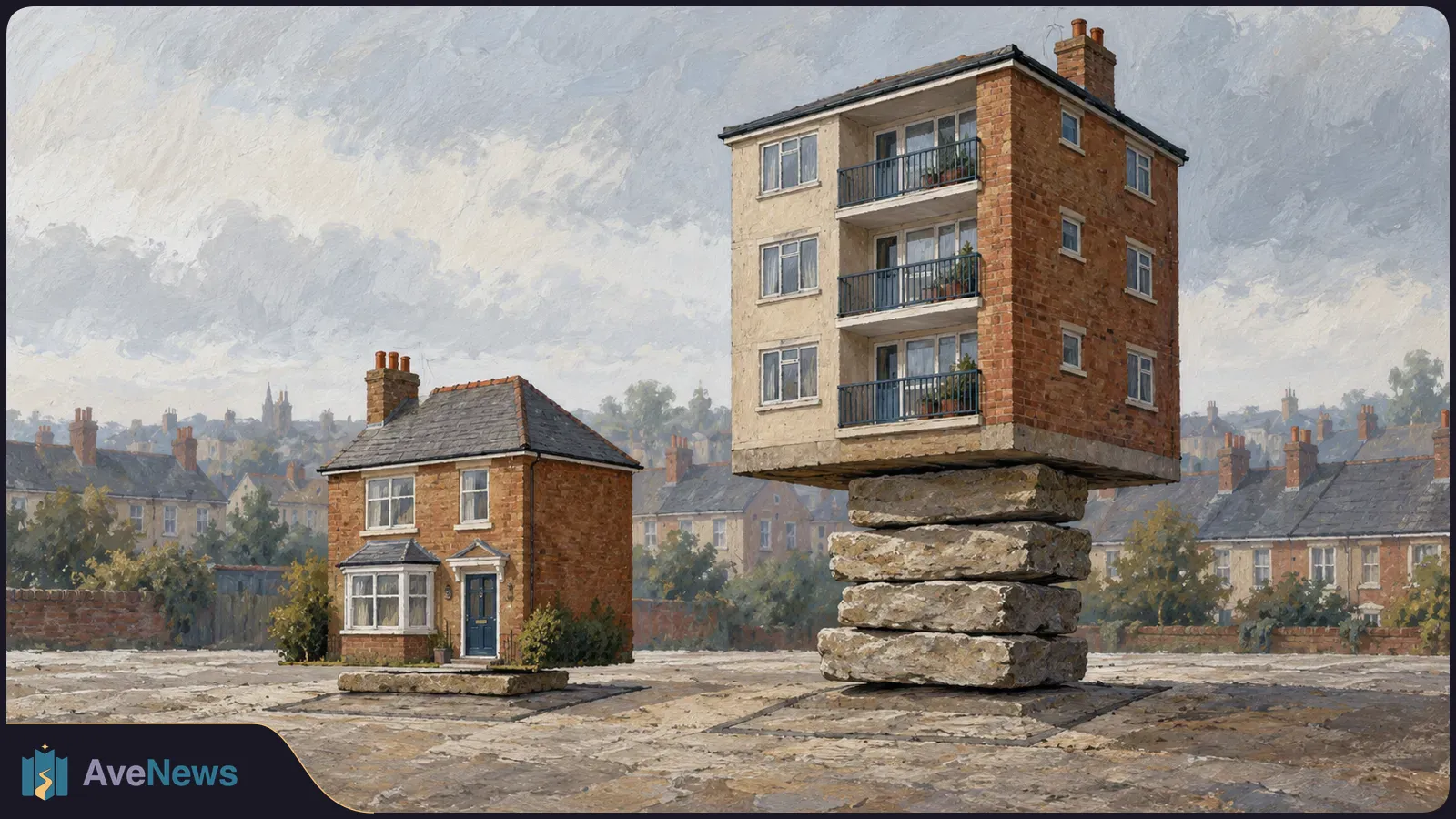Painted scene of a small brick house beside a larger apartment building raised on stacked stone slabs, with rows of houses under a cloudy sky behind them. SI illustration