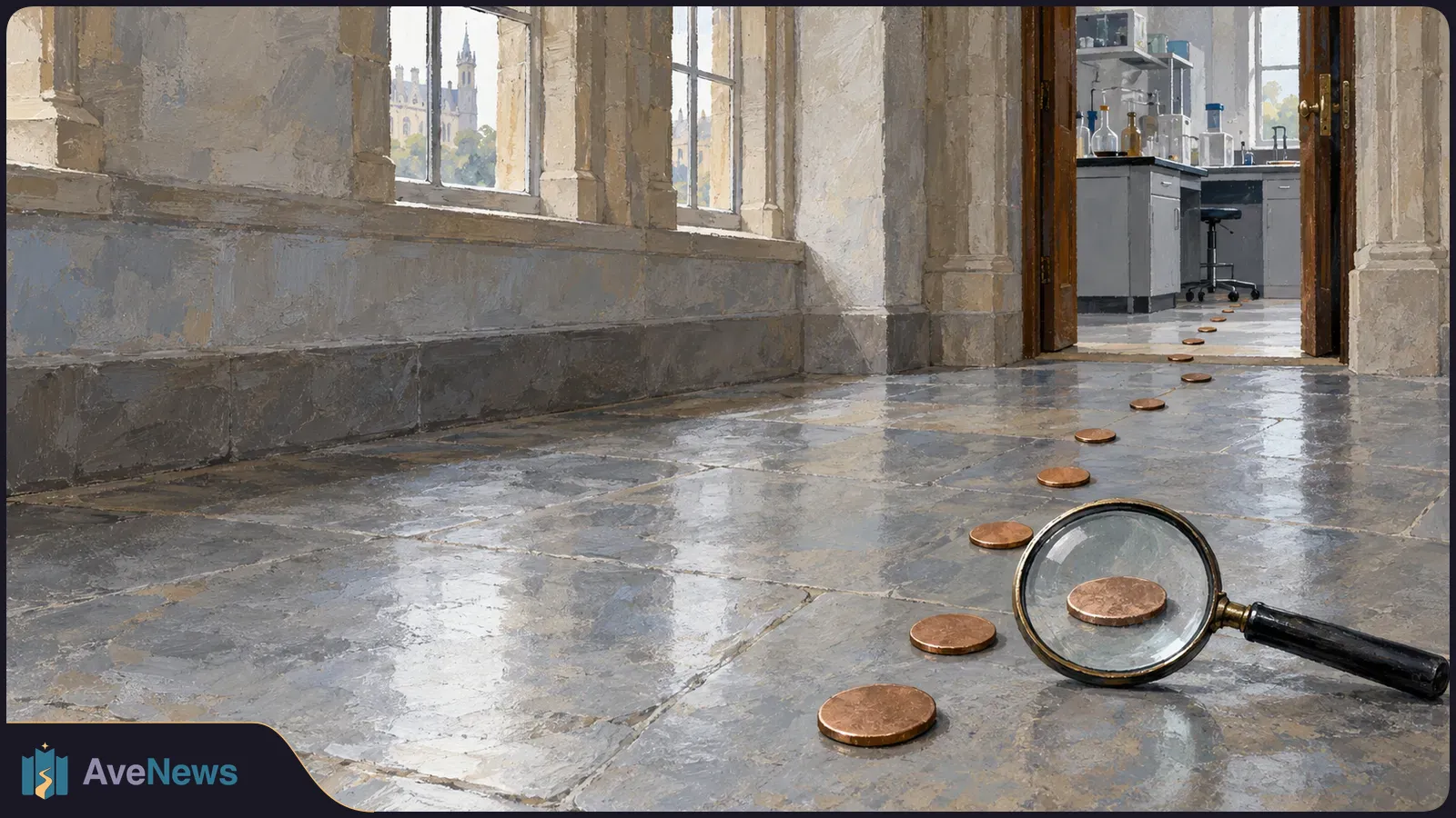 A magnifying glass rests over a coin in a trail of coins leading across a stone corridor into a laboratory. SI illustration