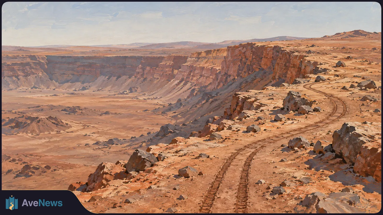 A winding pair of tire tracks follows the edge of a rocky, reddish crater above a broad, barren basin. SI illustration