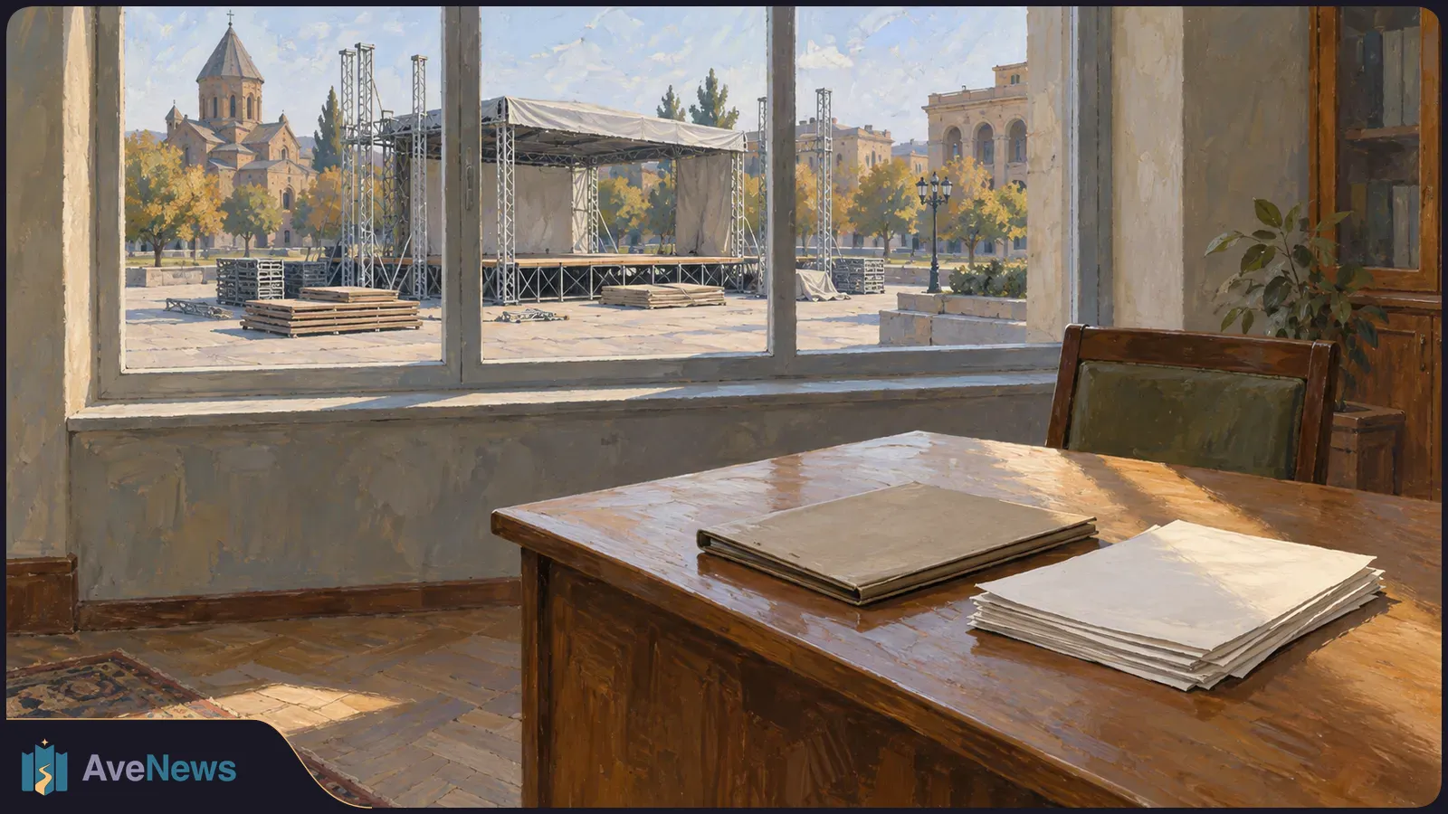 A painted view from an office: blank papers and a folder lie on a desk, with a temporary stage visible through the window in a square near a church. SI illustration