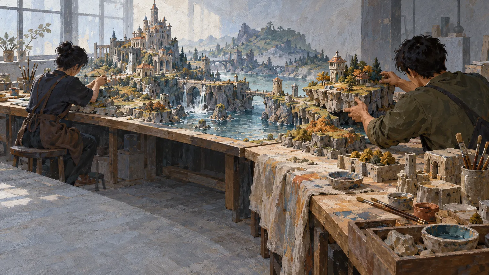 Two people work on an elaborate miniature landscape of castles, bridges, rocky islands and water in a sunlit studio, surrounded by brushes and paint. SI illustration