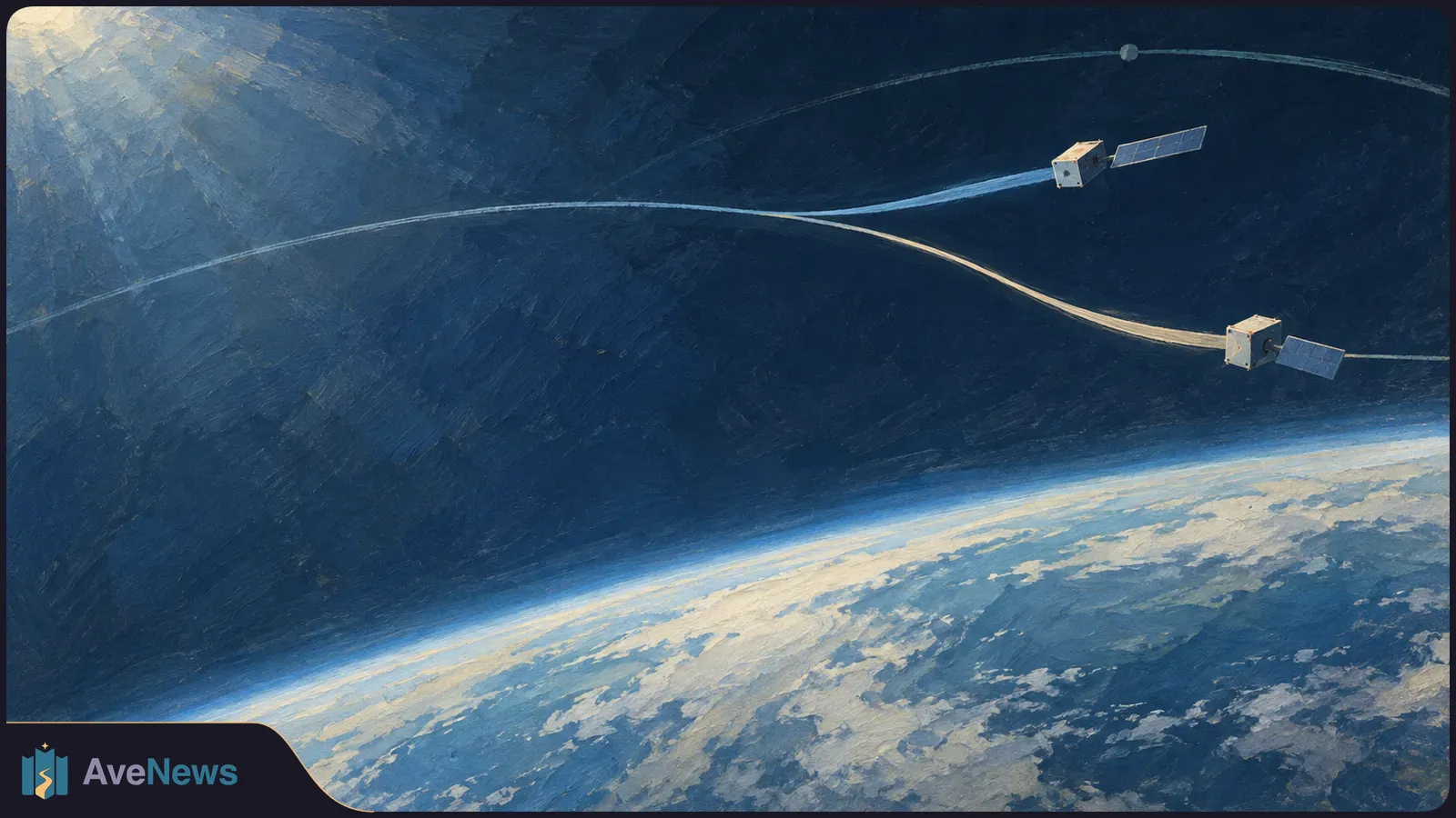 Painterly view of two small satellites above Earth, with pale curved paths crossing through dark blue space. SI illustration