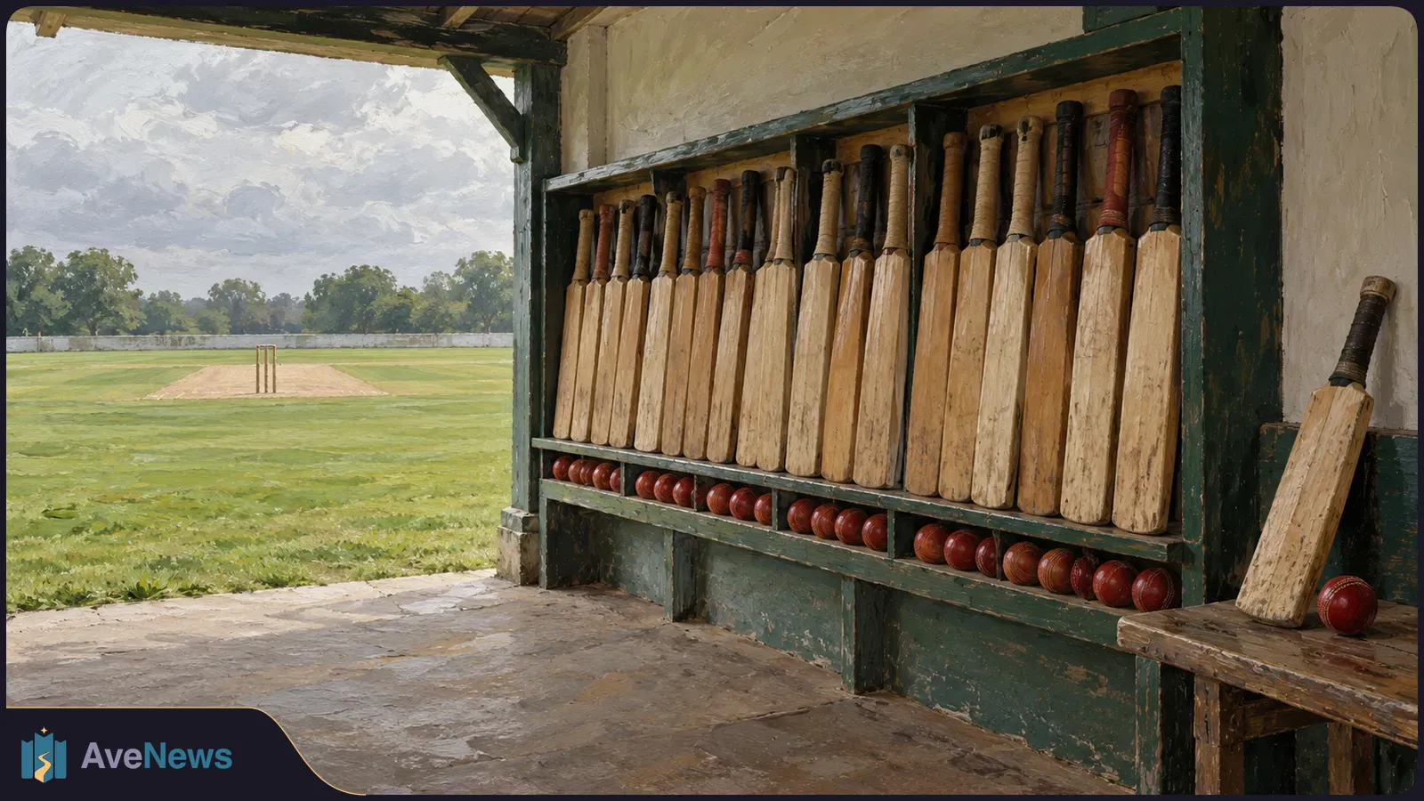 A full rack of cricket bats and red balls in a pavilion, with another bat leaning beside it and an empty cricket pitch beyond. SI illustration