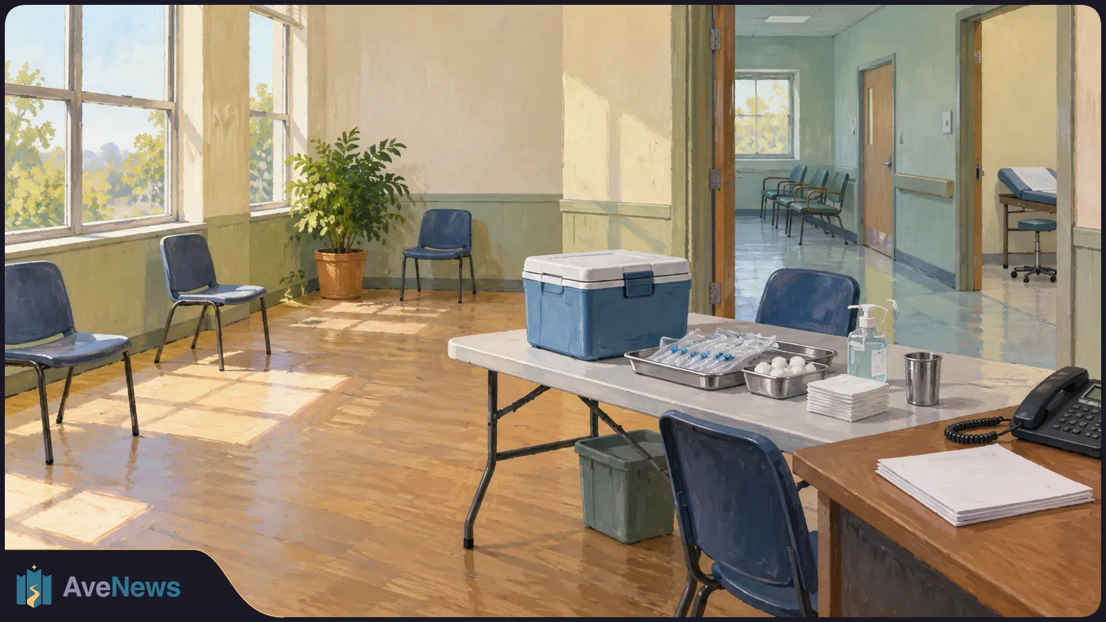 A sunlit, empty clinic waiting room with blue chairs. A table holds a cooler, wrapped syringes, cotton balls and hand sanitizer. SI illustration