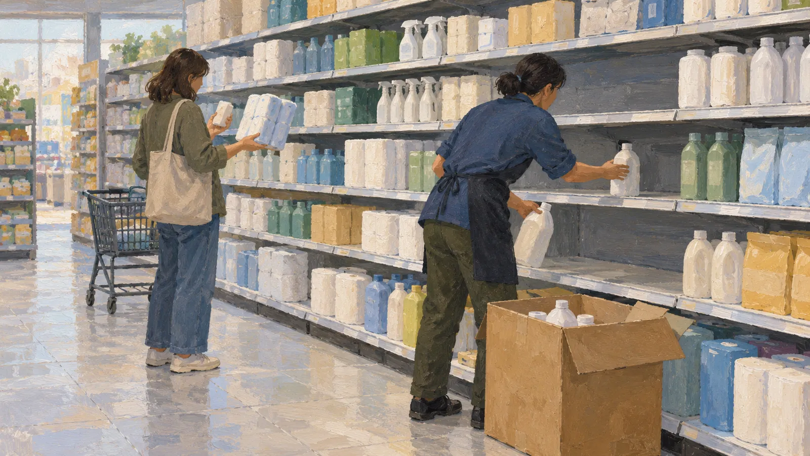 A shopper examines a package beside a cart while a worker stocks bottles on supermarket shelves, with an open box on the floor. SI illustration
