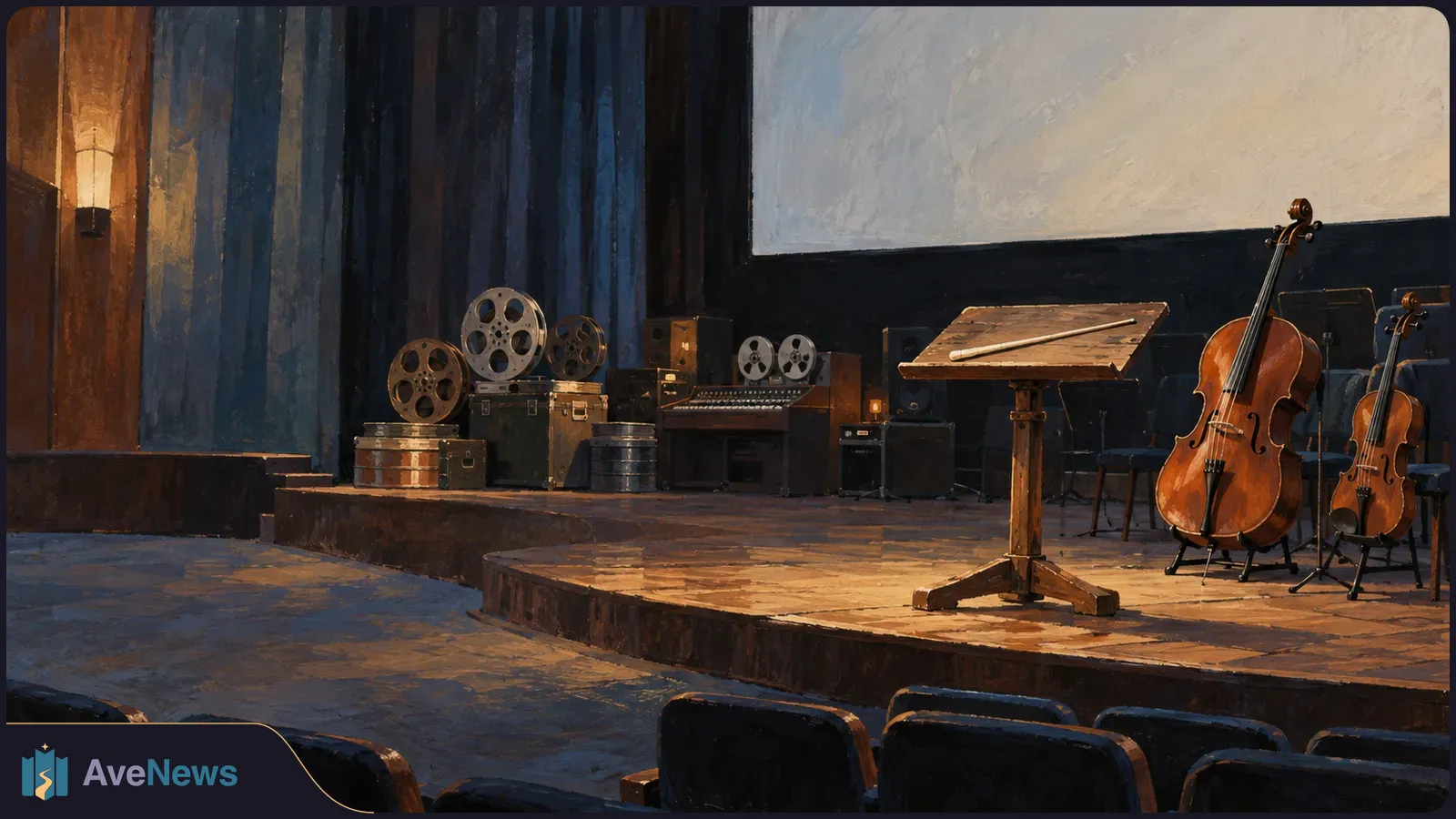 Painted theater stage with a blank screen, film reels and equipment on the left, a music stand and two string instruments on the right, and seats in front. SI illustration