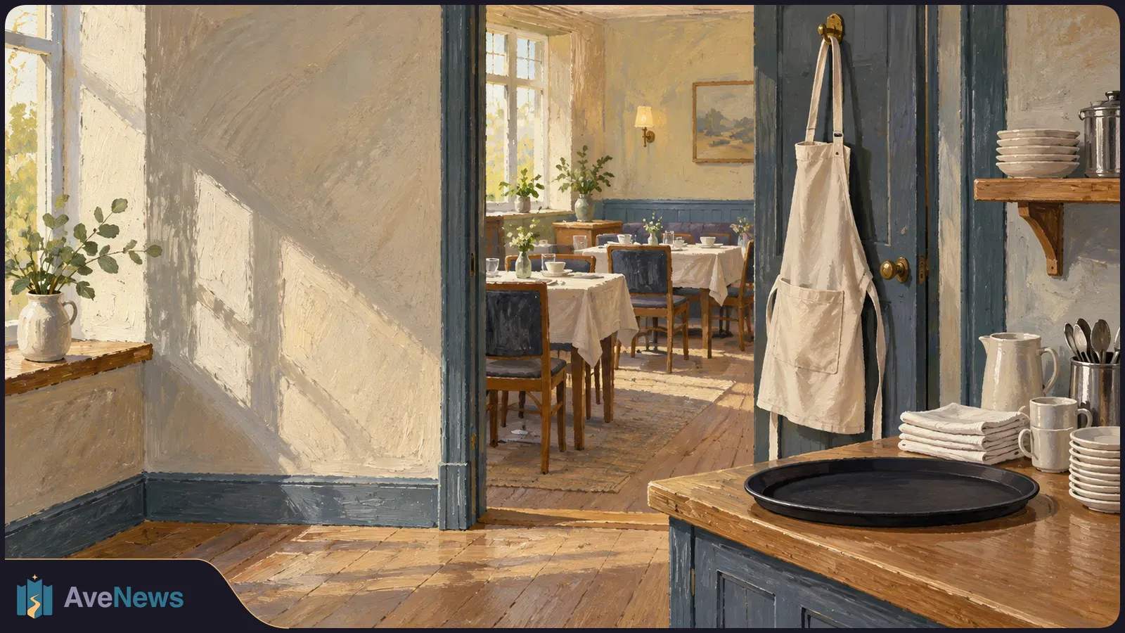 Painted view into an empty dining room with set tables, a white apron hanging by the doorway, and dishes and a tray on a wooden counter. SI illustration
