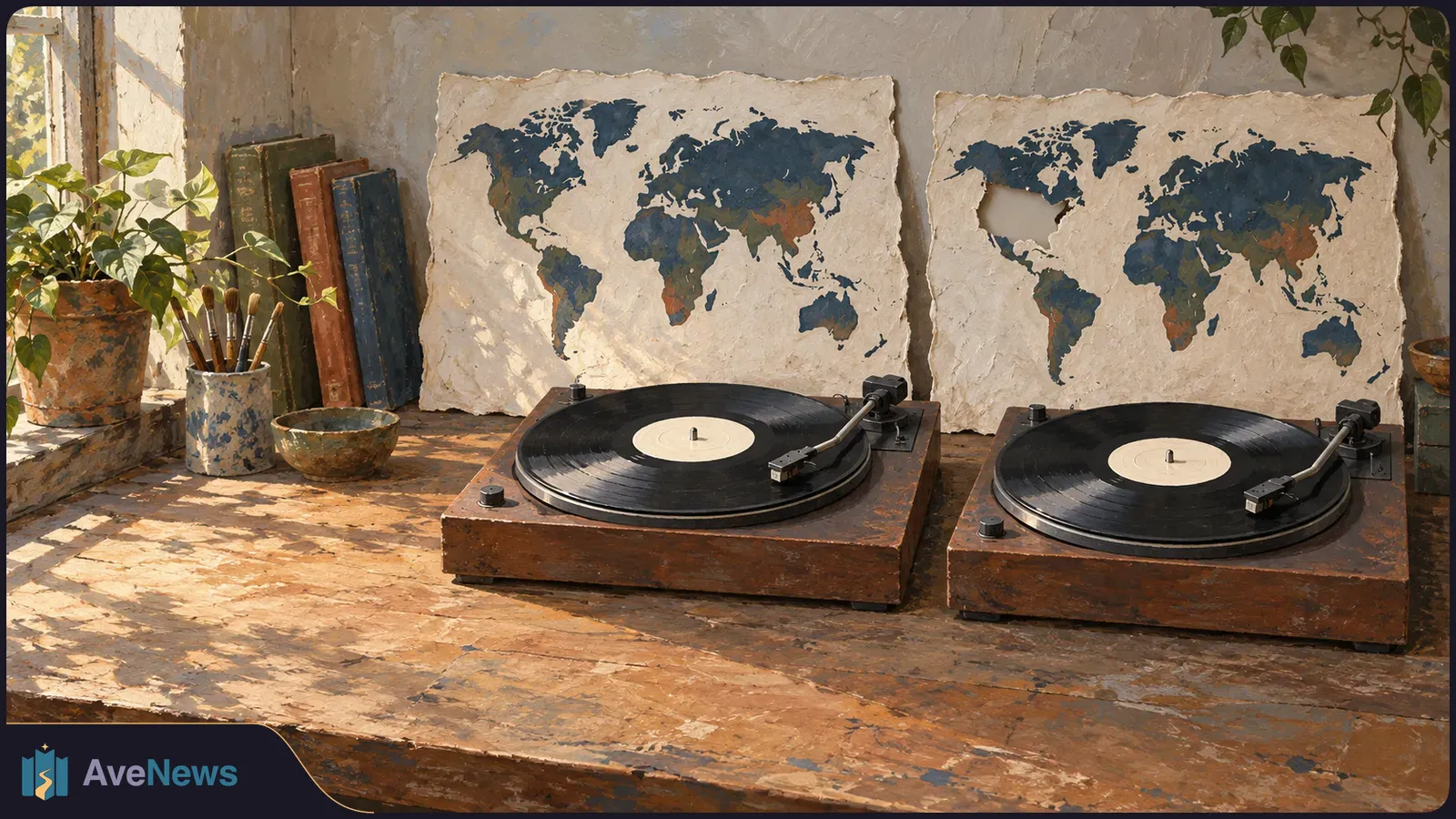 Two turntables with vinyl records sit on a wooden table before painted world maps; one map has a cut-out over North America. Brushes and plants stand nearby. SI illustration