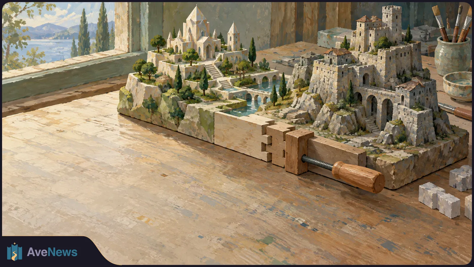 Painterly scene of two miniature castle landscapes side by side on a worktable, with a wooden clamp at their join. Brushes and loose blocks sit nearby. SI illustration