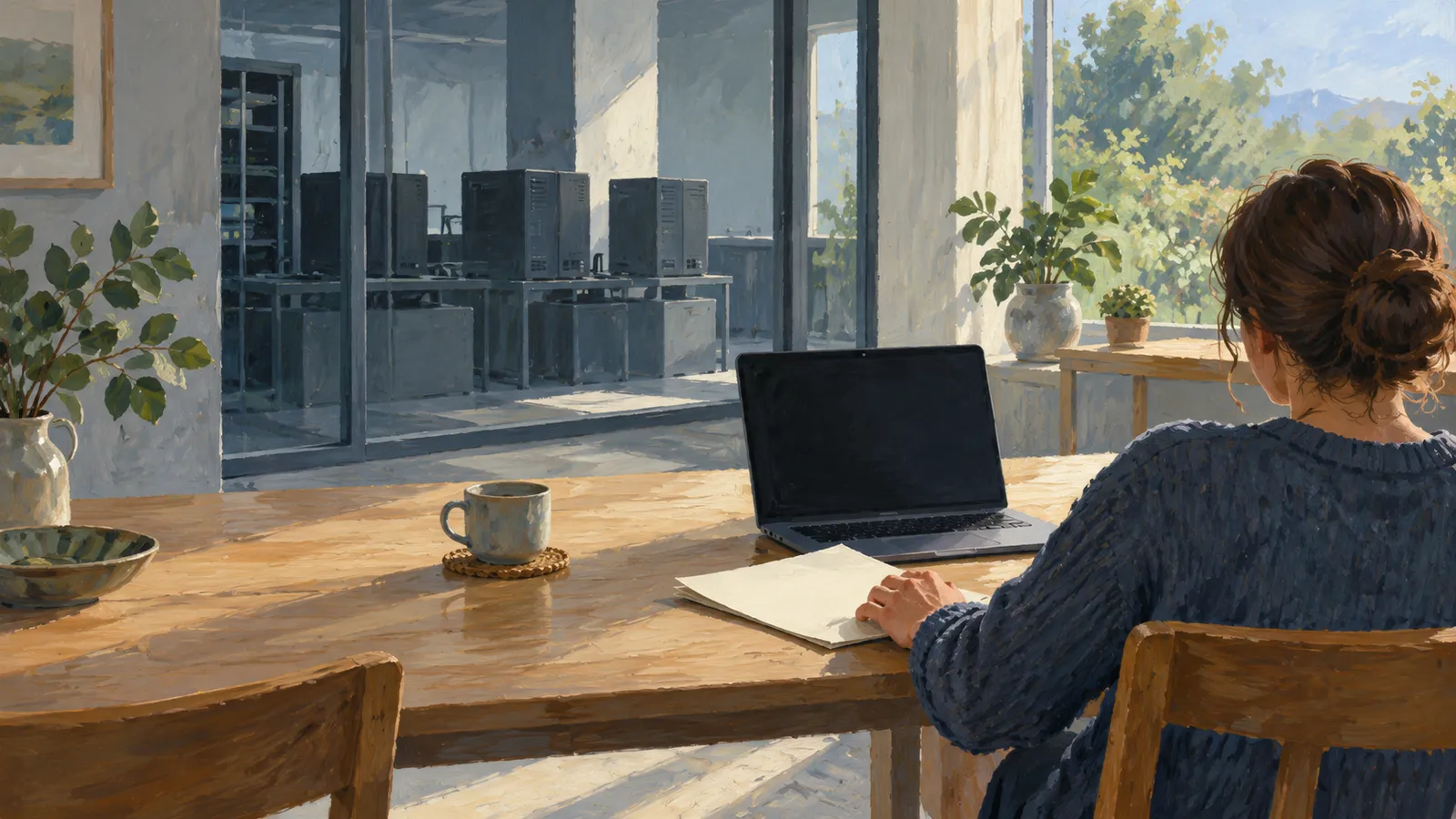 Illustration of a woman seated at a wooden table with a laptop, paper and mug; computer towers stand behind a glass partition. SI illustration