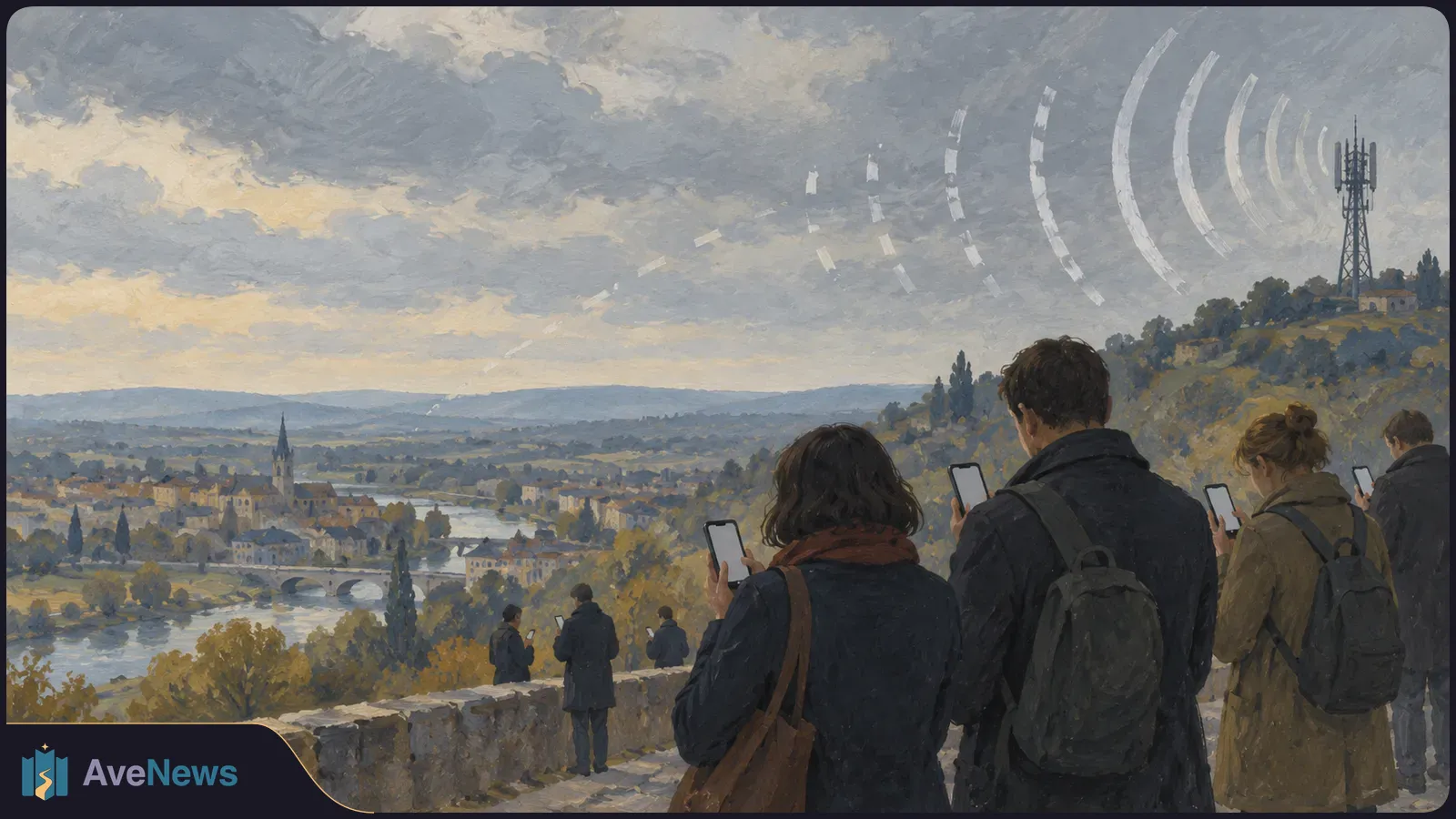 Painted view of people looking at phones above a river town, with a cell tower on a distant hill and white arcs across the cloudy sky. SI illustration