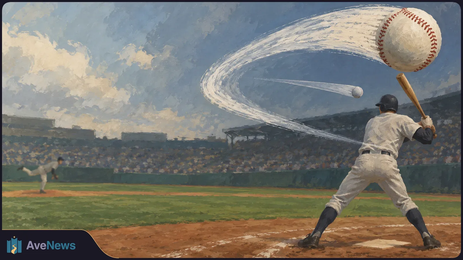 Painted baseball scene: a batter stands at home plate as a pitcher throws in the distance. An oversized ball and sweeping white trail arc across the sky. SI illustration