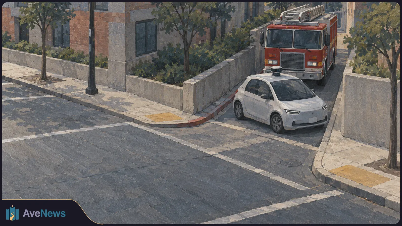 A white car with a roof-mounted sensor sits ahead of a red ladder fire truck on a narrow, tree-lined street. SI illustration
