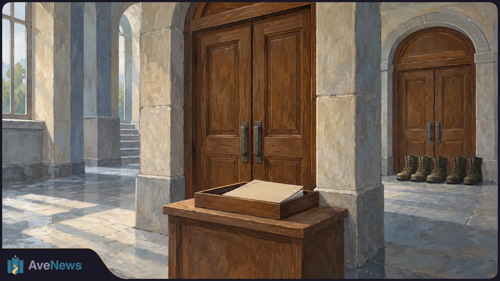 Illustration of a sunlit stone hallway with two sets of wooden double doors, a tray of papers on a wooden stand, and several pairs of boots by the far doors. SI illustration
