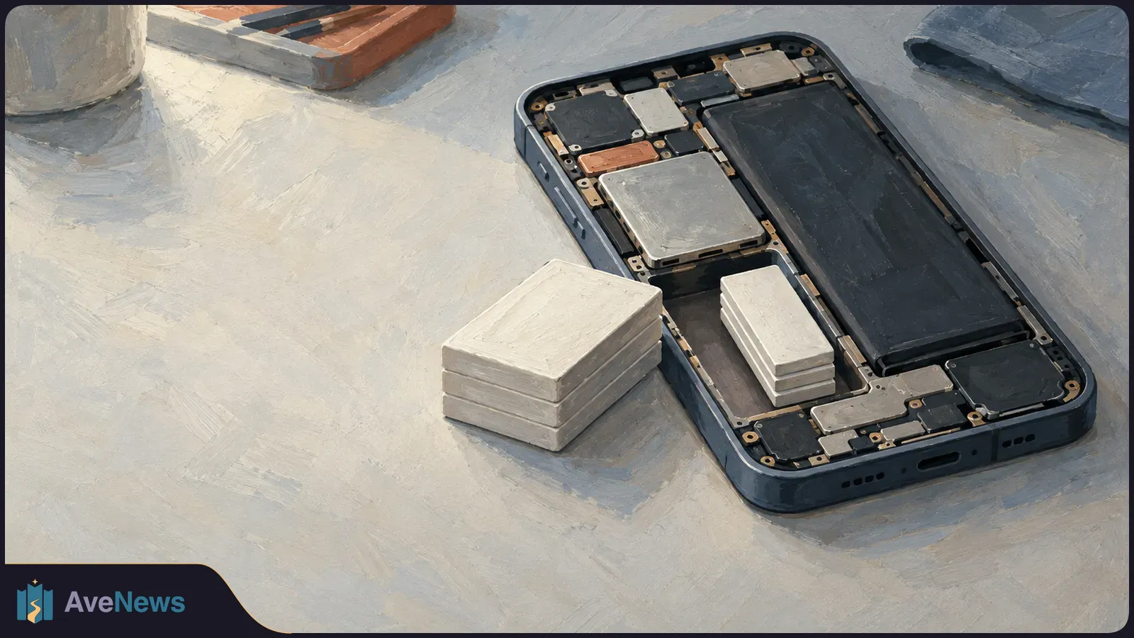 Painted illustration of an opened smartphone showing a large dark battery and metal components, with small pale rectangular blocks beside and inside it on a worktable. SI illustration