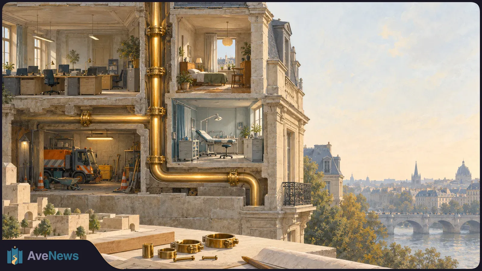 Illustrated cutaway of a riverside building with offices, a bedroom, a clinic and a maintenance bay linked by large gold pipes; a city and bridge stretch into the distance. SI illustration