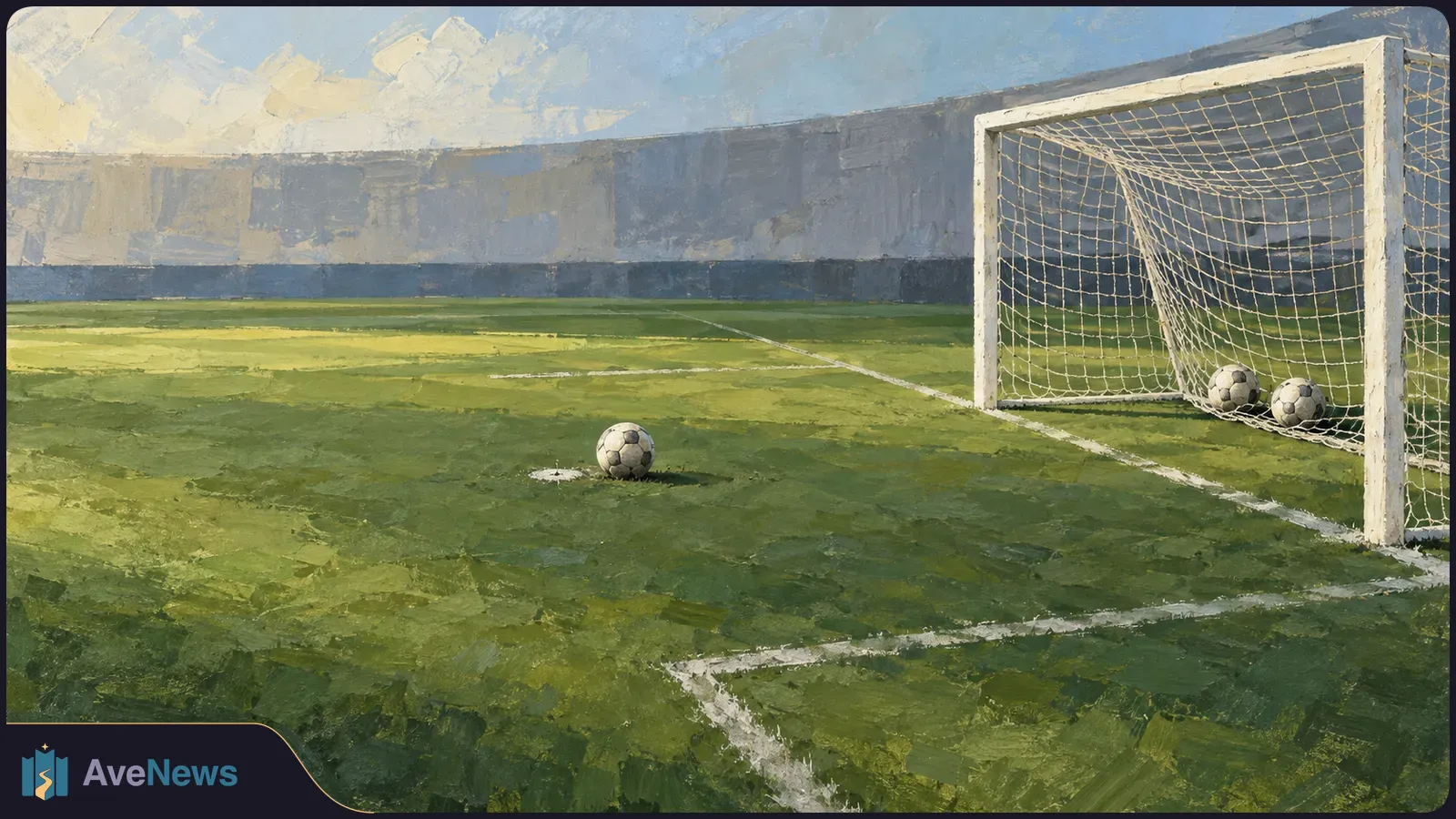 Painterly view of an empty football pitch with two balls inside a goal and a third ball on the grass outside it. SI illustration