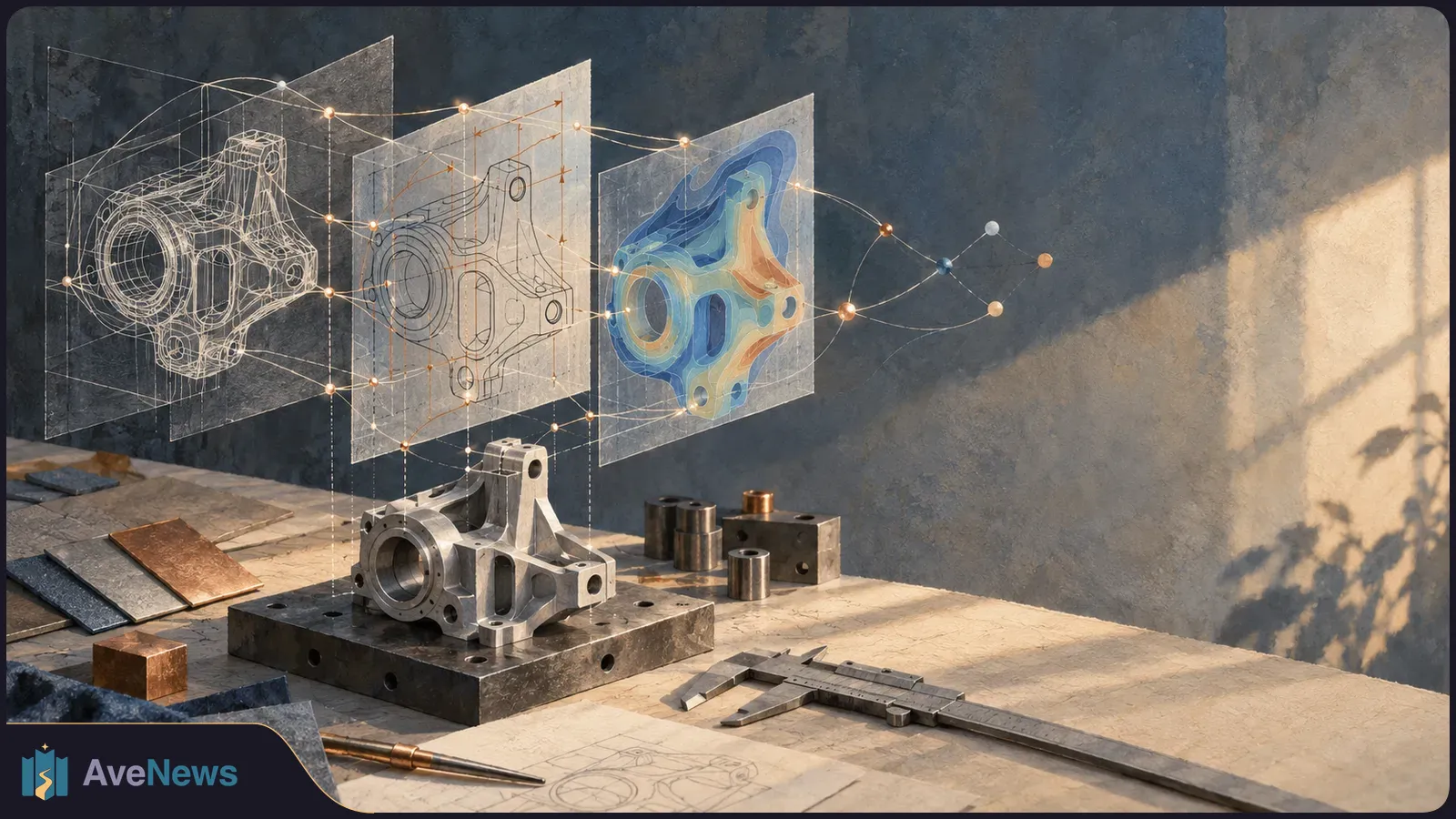 A metal mechanical part sits on a workbench beside calipers and material samples, with transparent technical drawings and a colored model floating above it. SI illustration