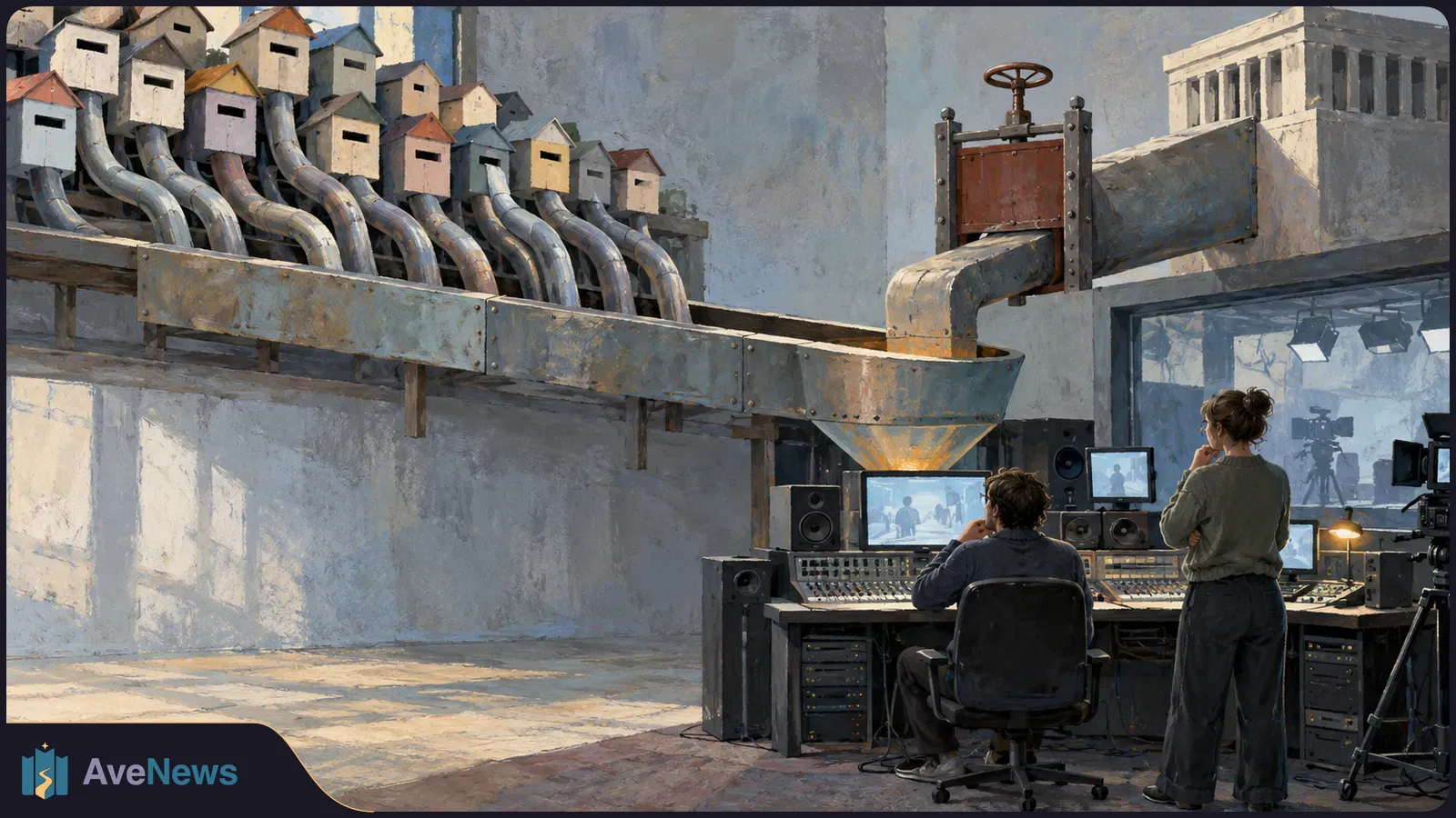 Illustration of small house-shaped boxes linked by curved pipes to a large metal duct above a broadcast control room, where two people face monitors and sound equipment. SI illustration