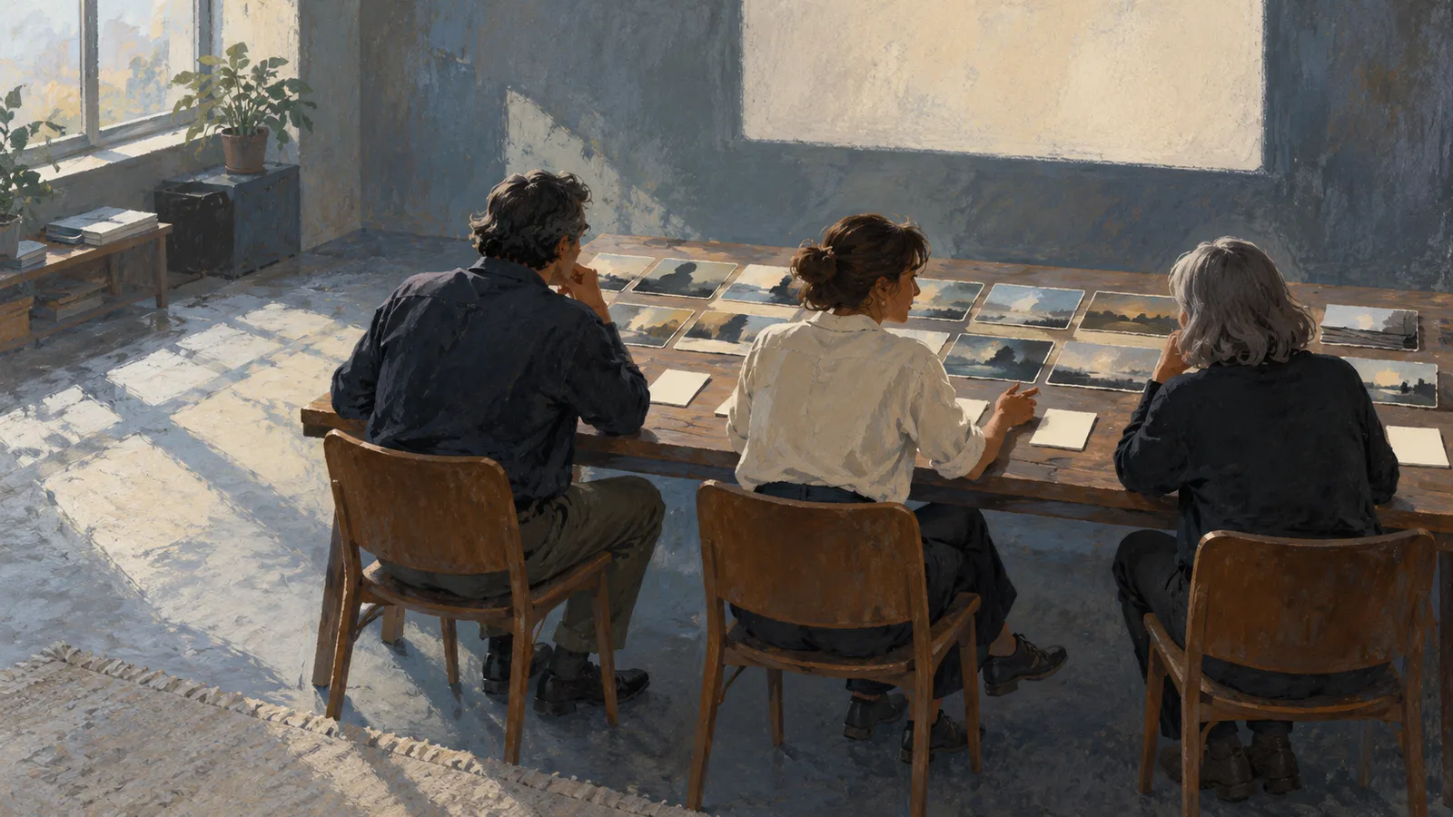 A painting of three people seated at a wooden table covered with small landscape images, in a sunlit room with plants by the window. SI illustration