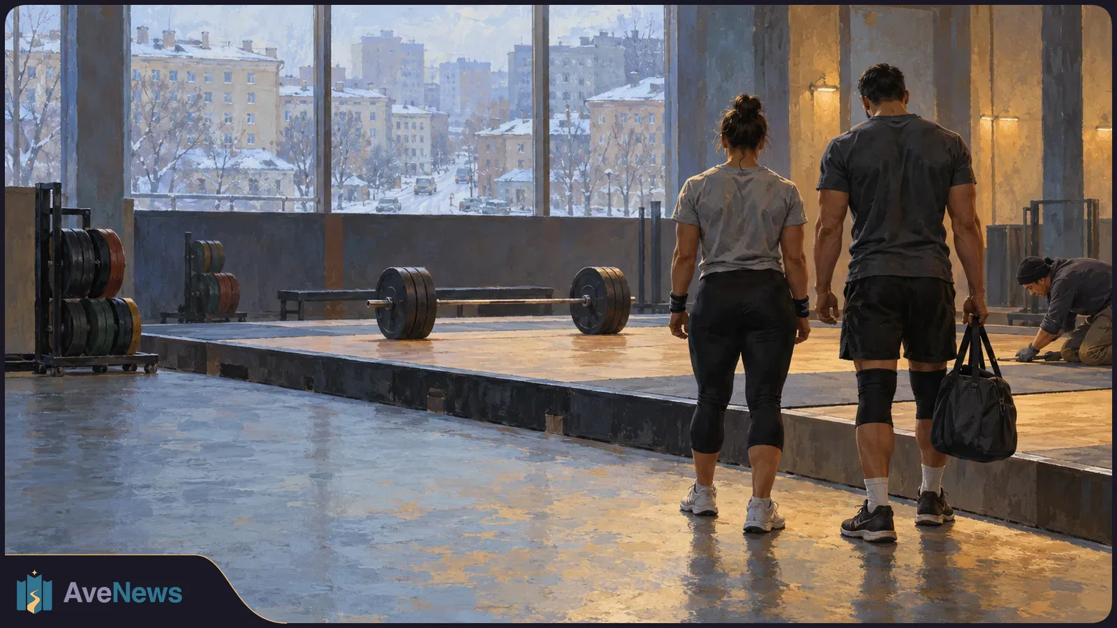 Three people in a weightlifting gym near a barbell and weight plates; snowy buildings are visible through large windows. SI illustration