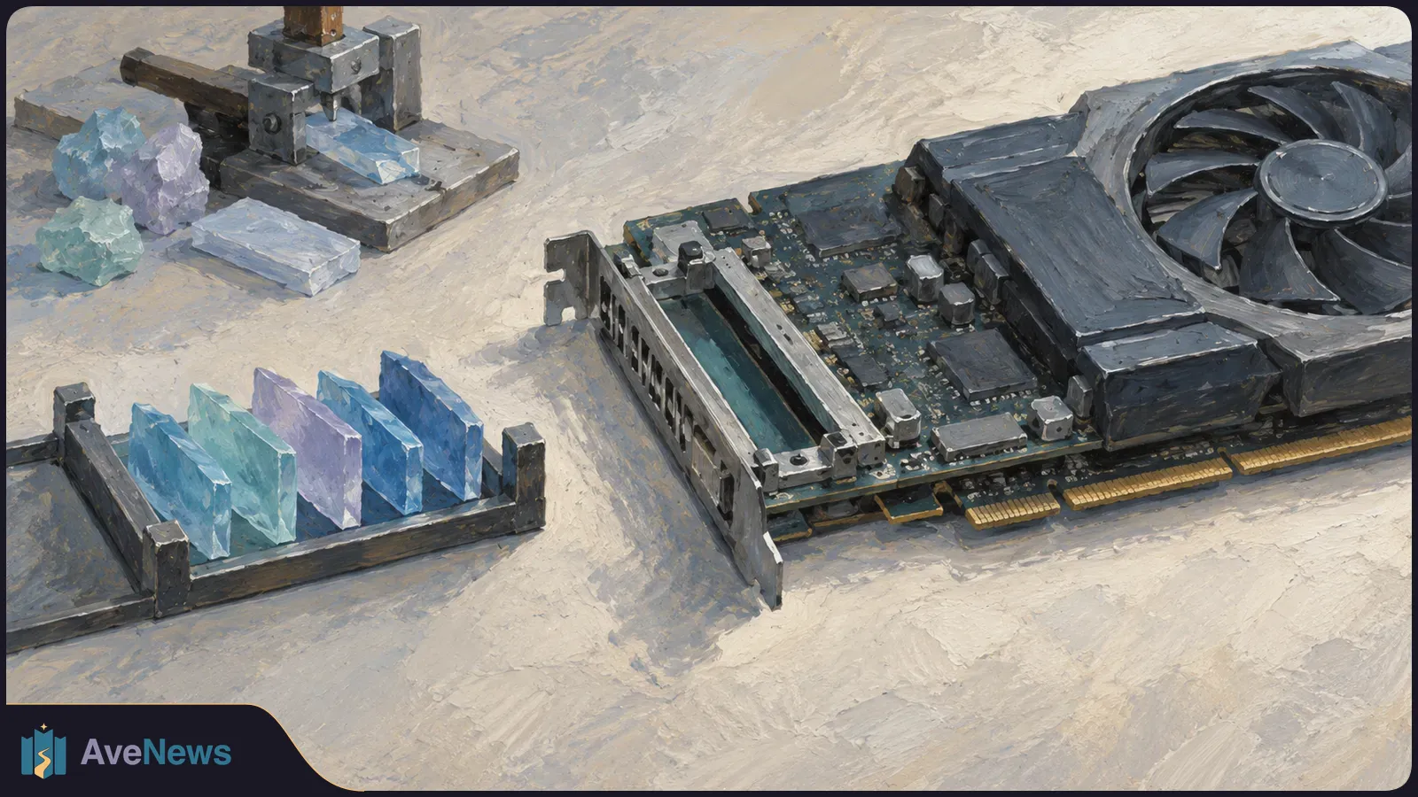 Painted illustration of a graphics card with a large fan beside a tray of blue and purple crystal-like pieces and a small metal press. SI illustration