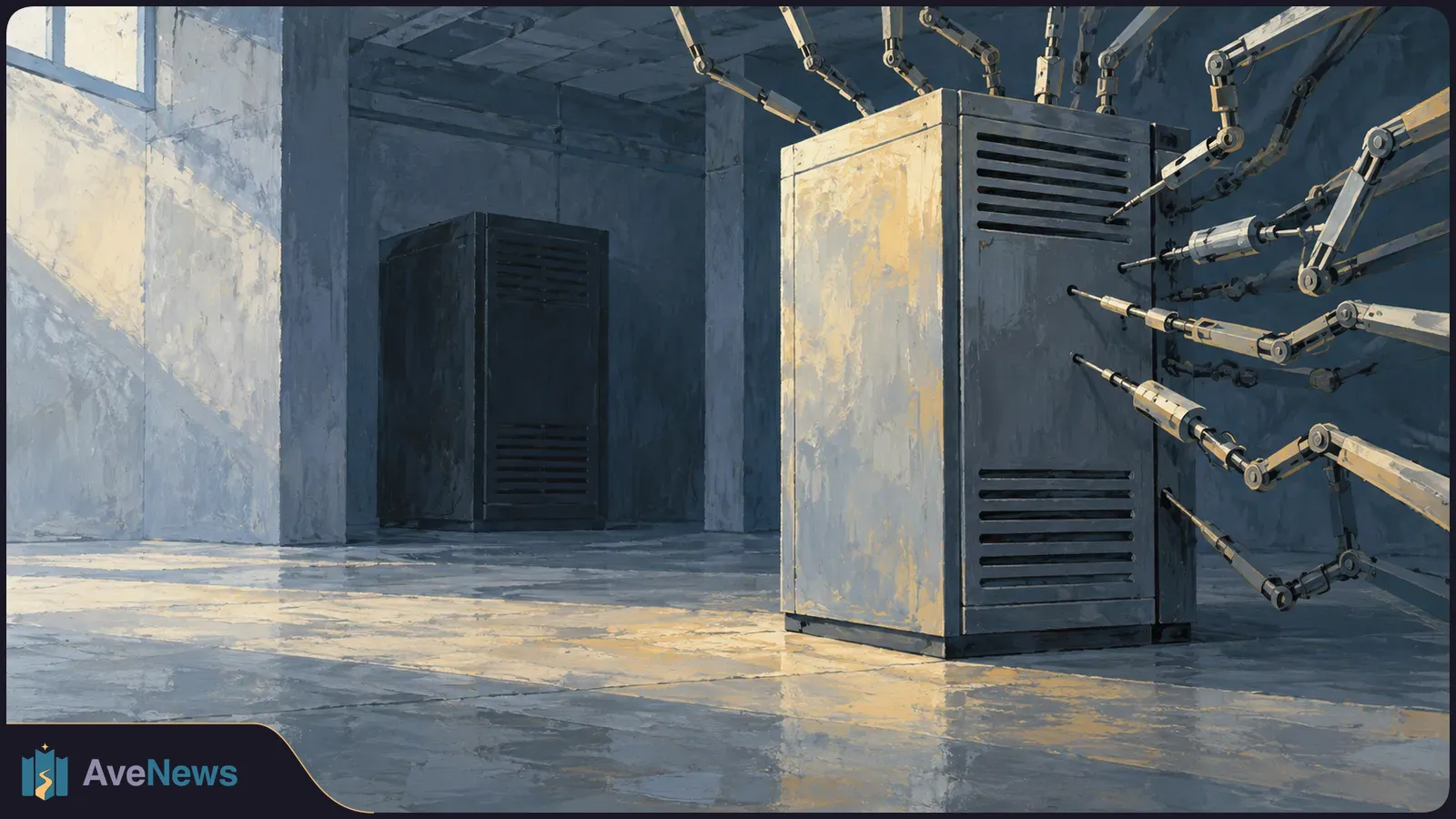 Painterly illustration of robotic arms reaching toward a vented server cabinet in a concrete room, with another cabinet behind it. SI illustration