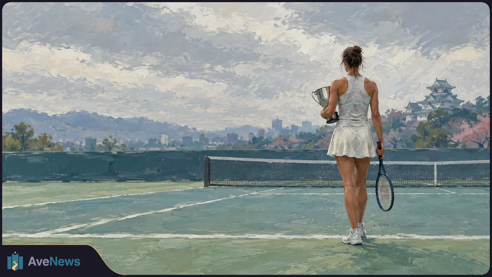 Painterly illustration of a tennis player seen from behind, holding a racket and trophy on an outdoor court, with a net, distant buildings and a castle-like structure. SI illustration