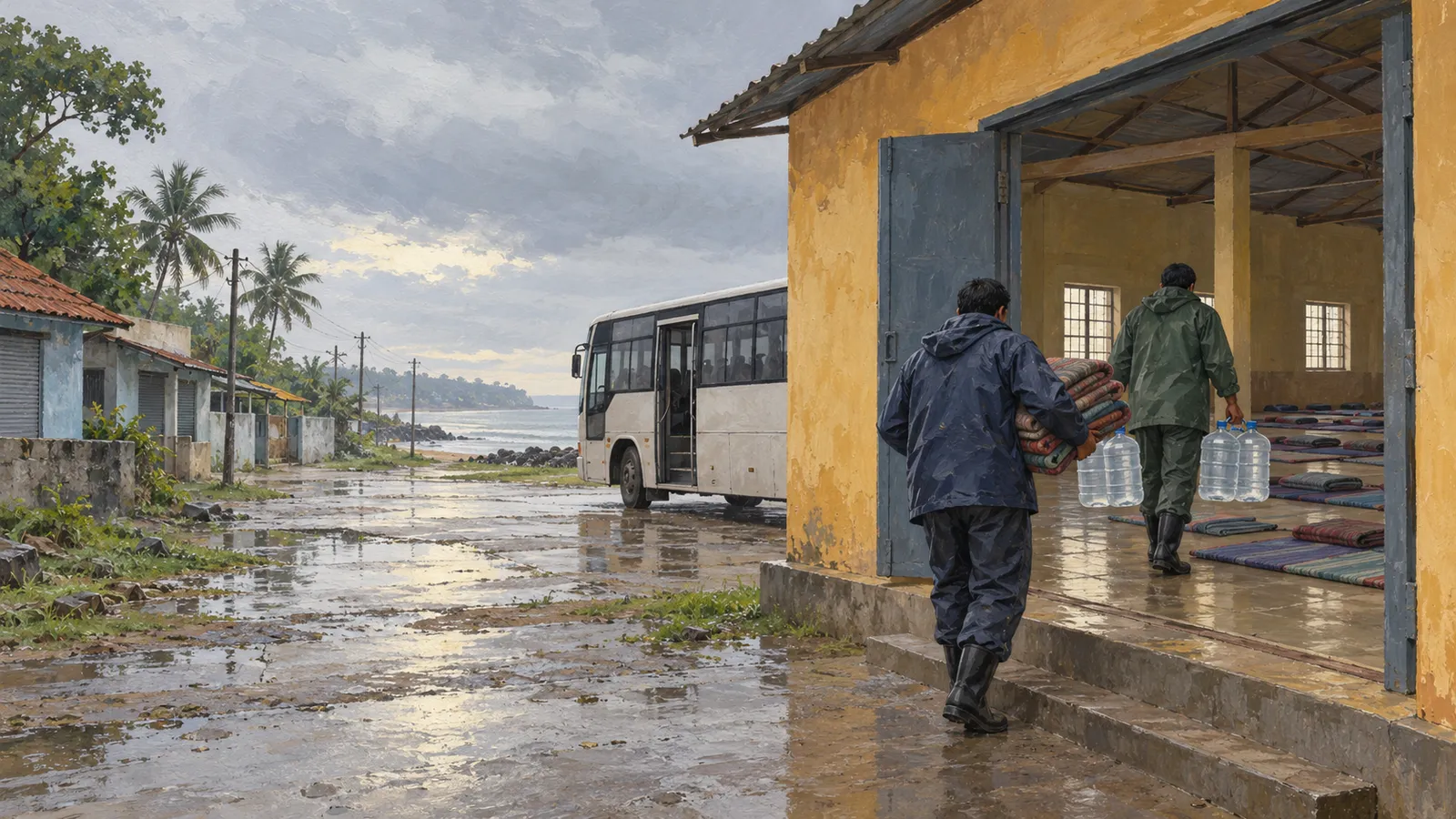 Two people in rain gear carry folded mats and water jugs into a yellow building lined with mats. A bus stands on a wet coastal road outside. SI illustration