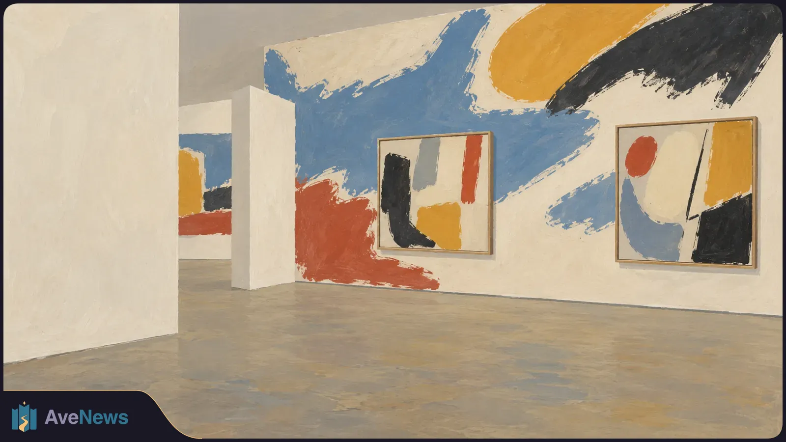 Painted view of an empty gallery with broad blue, red, yellow and black wall murals and two framed abstract paintings. SI illustration