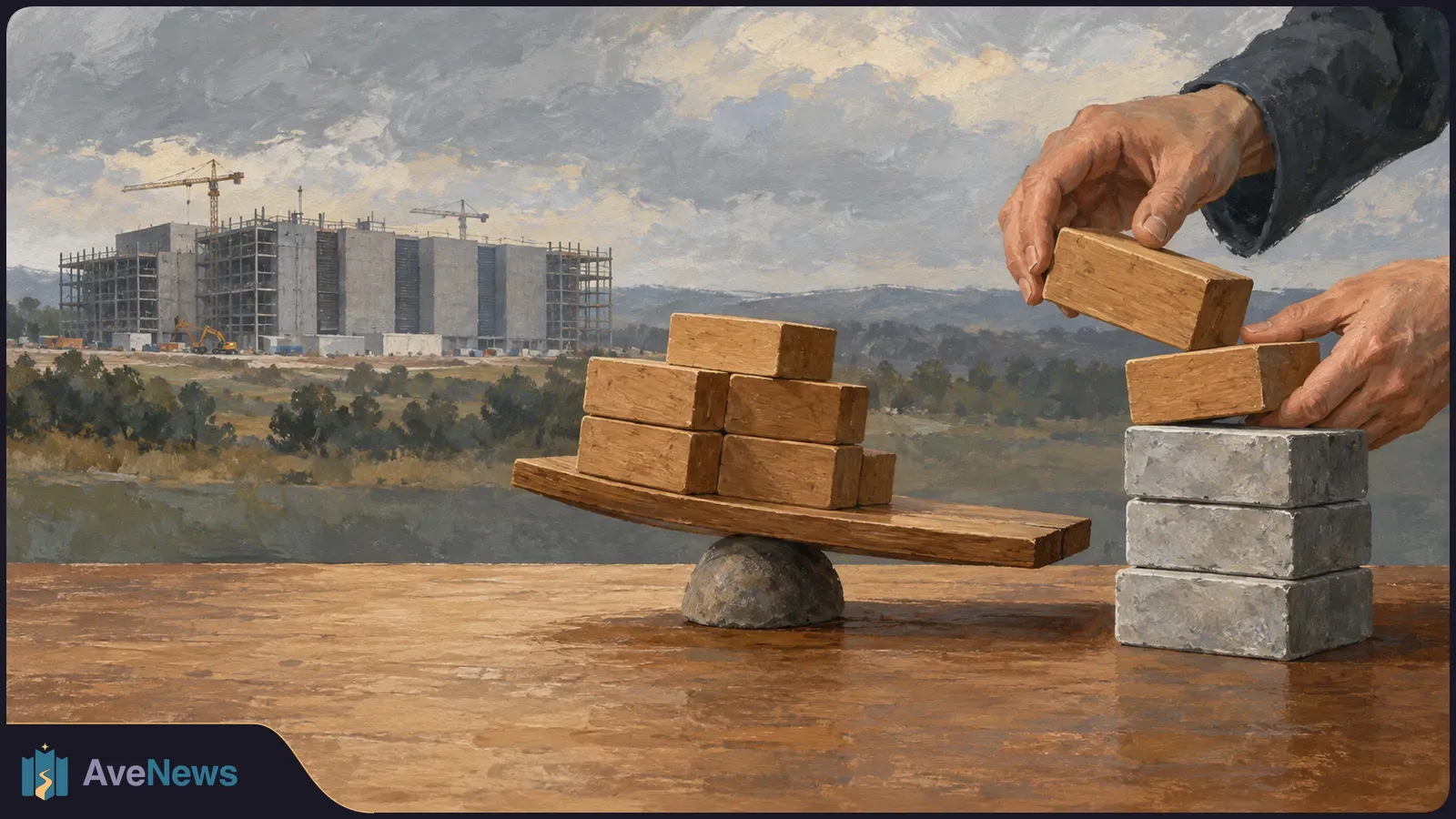 Painted scene of hands stacking wooden blocks beside a tilted plank balanced on a stone, with a large building under construction and cranes in the distance. SI illustration