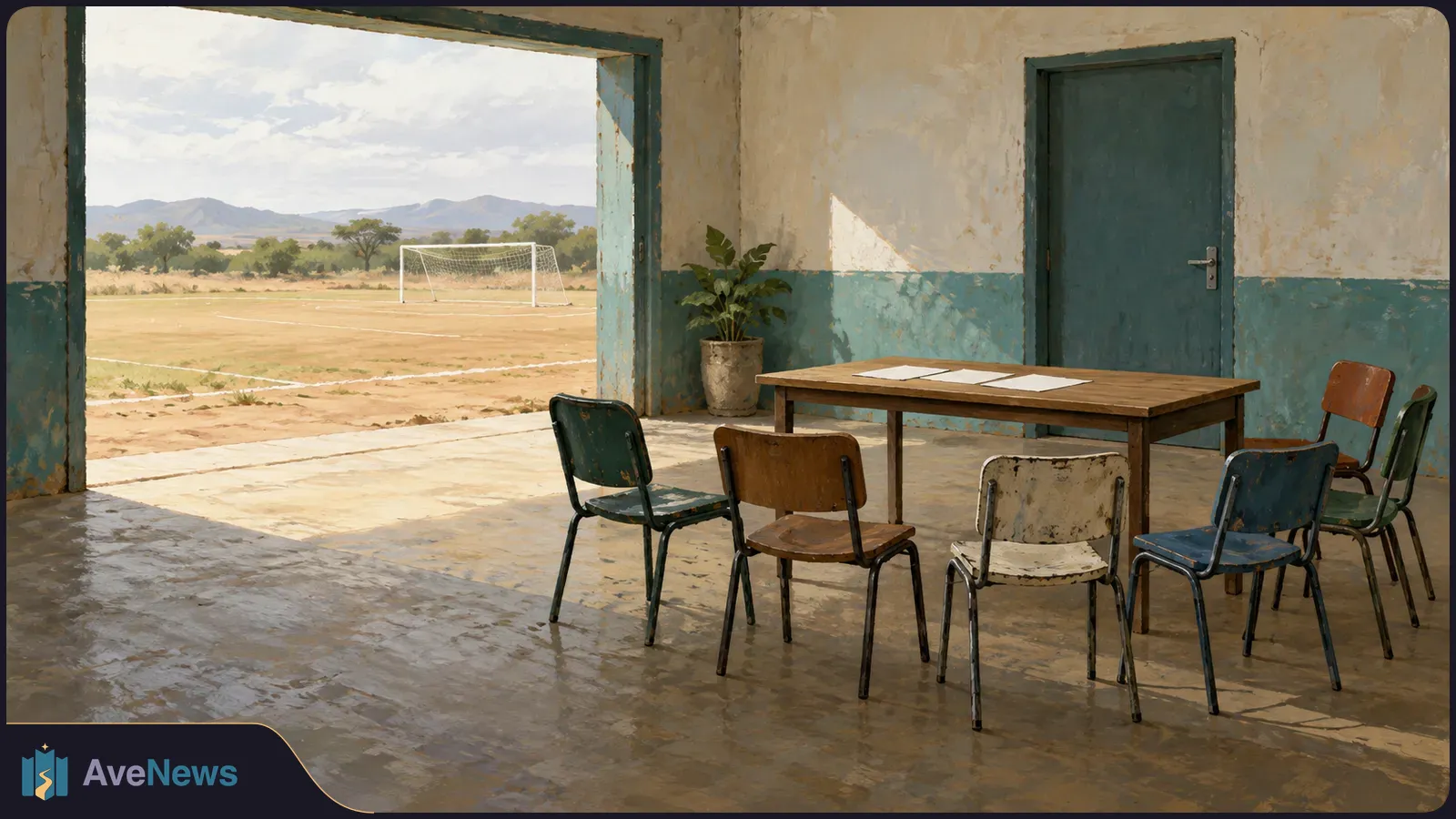Mismatched chairs surround a wooden table with three blank sheets in an empty room overlooking a dusty football field and goal. SI illustration