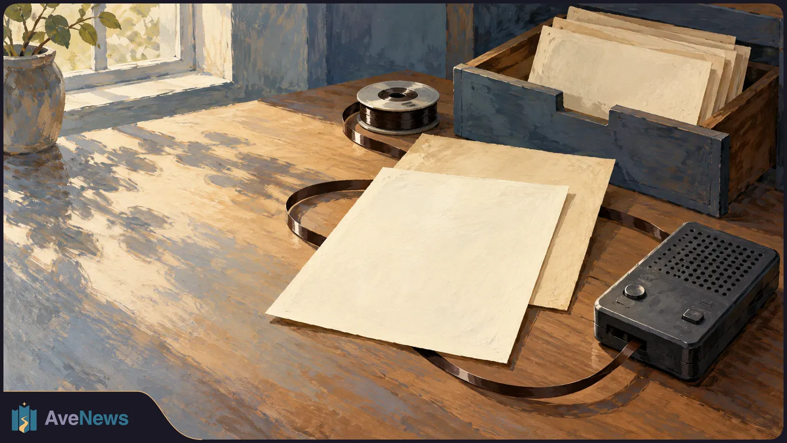Painted sunlit desk with a tape reel, dark tape looping around blank sheets, an open file box, and a small recorder beside a window. SI illustration