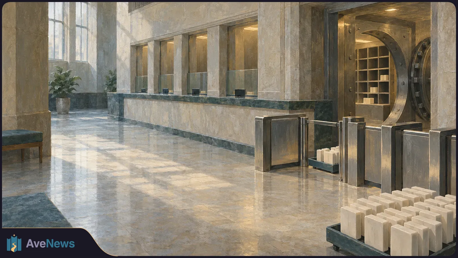An empty, sunlit bank lobby with teller windows, an open vault door and carts of pale rectangular blocks. SI illustration