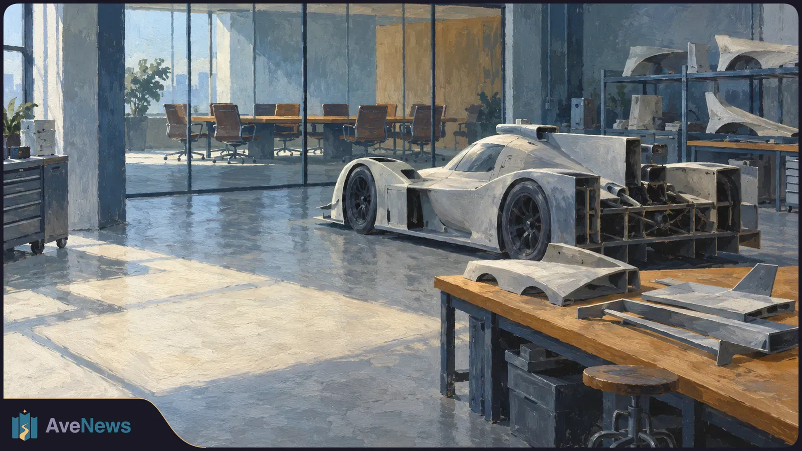 An unfinished white prototype race car sits in a sunlit workshop, with body panels on a workbench and an empty glass-walled meeting room behind it. SI illustration