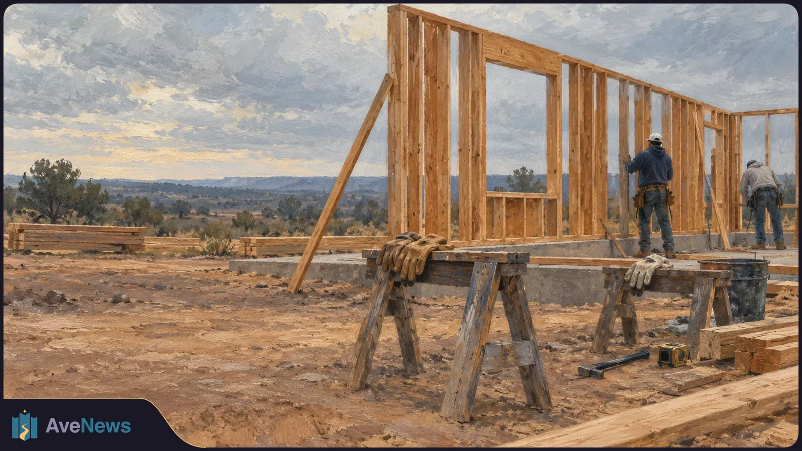 Painterly illustration of two workers beside the wooden frame of a building under construction. Gloves rest on sawhorses in a dusty landscape beneath a cloudy sky. SI illustration