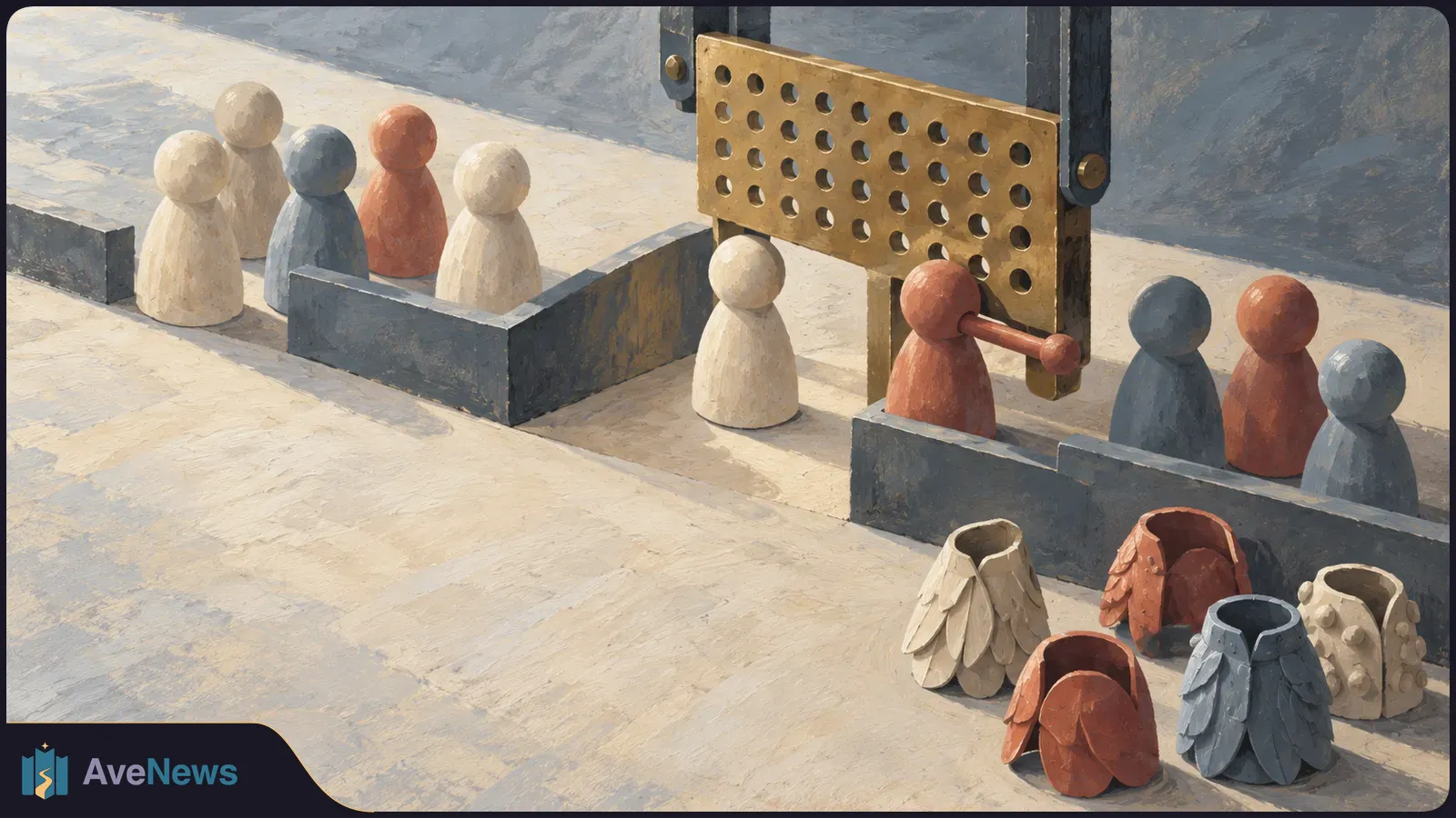 Painterly illustration of cream, blue and red pawn-shaped figures beside low walls and a perforated panel, with hollow textured shells in the foreground. SI illustration