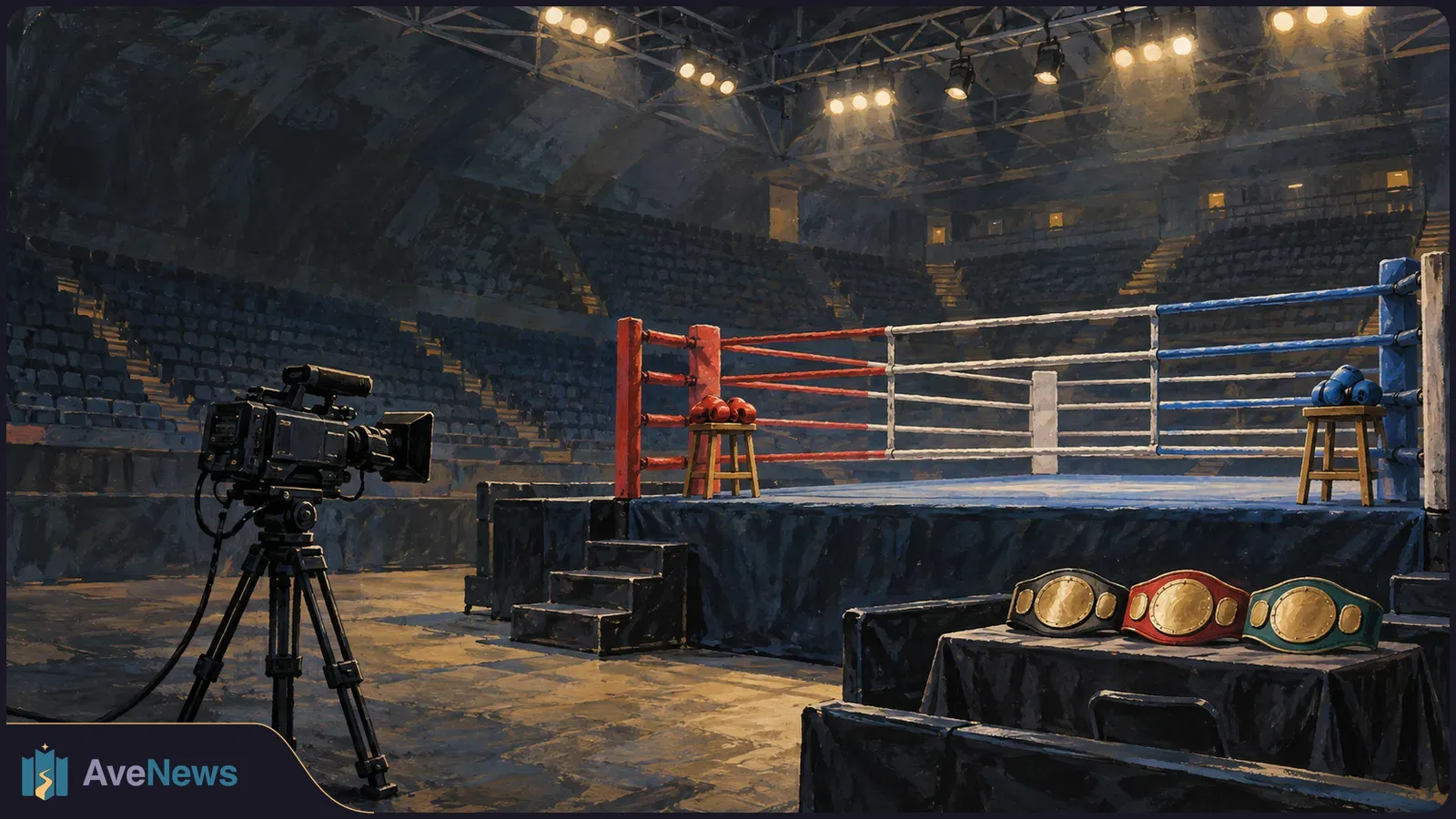 Painted view of an empty boxing ring in an arena, with gloves on stools, three championship belts in the foreground and a television camera beside the ring. SI illustration